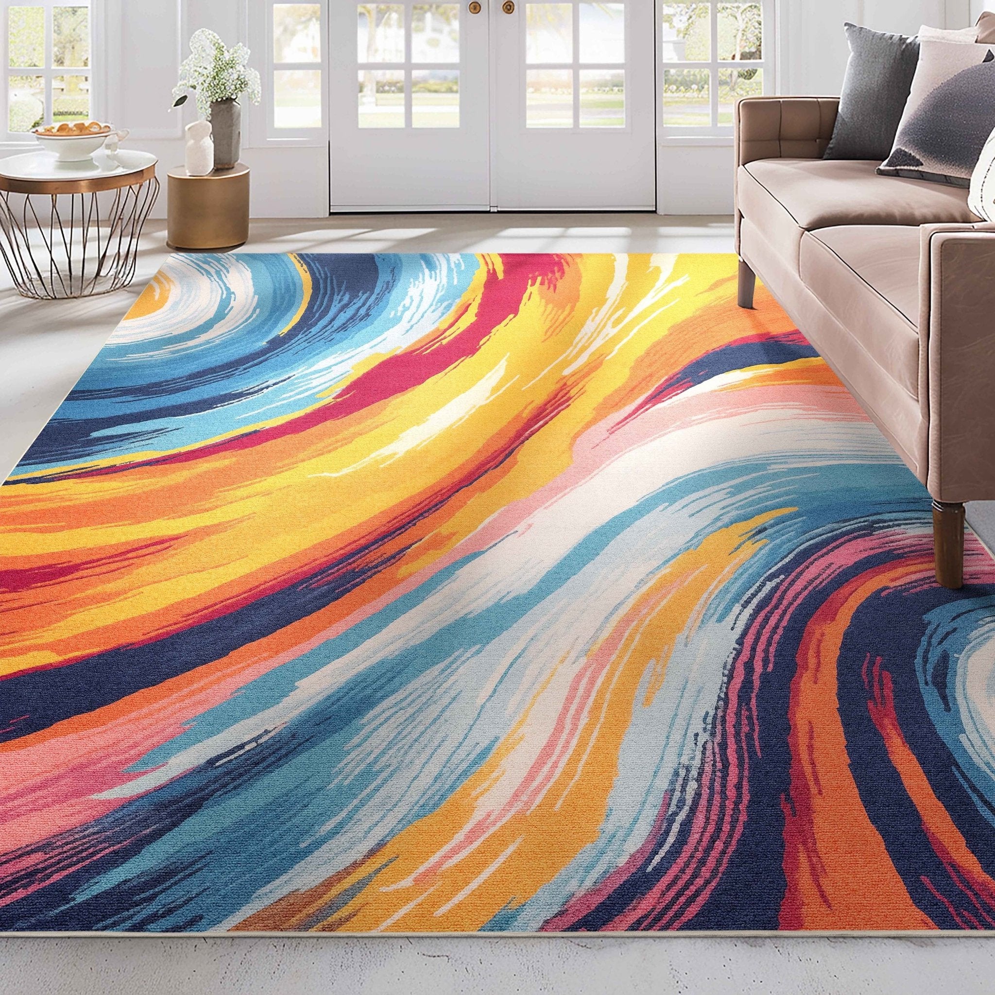 Apollo Strokes Colorful Waves Abstract Vibrant Stain-Resistant Rug - Easy to Clean、mySite、gigharbornorthrealestate