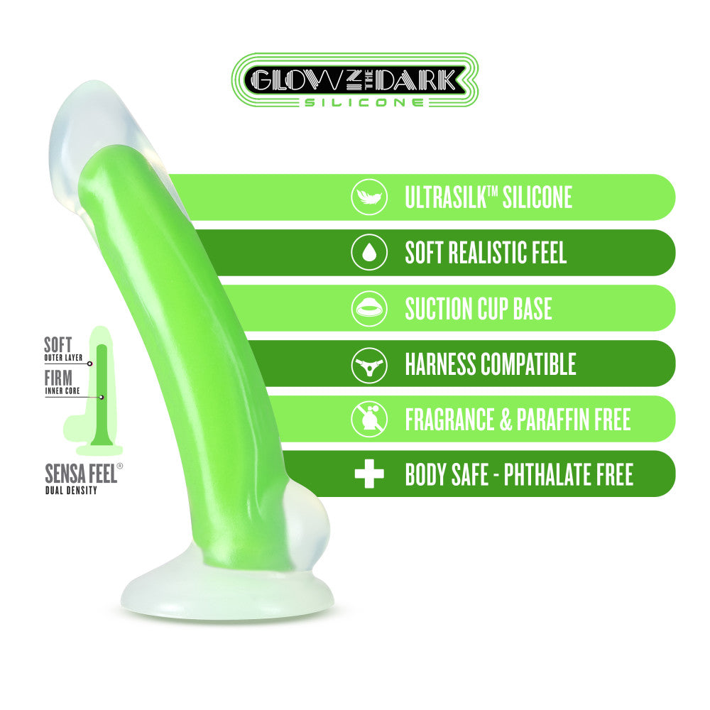 Neo Elite By Blush® | Omnia Glow In The Dark Neon Green: 7-Inch Long Curved Dildo - Made with Purio™ Silicone & SensaFeel® Dual Density Realistic Technology、mySite、bottomscart