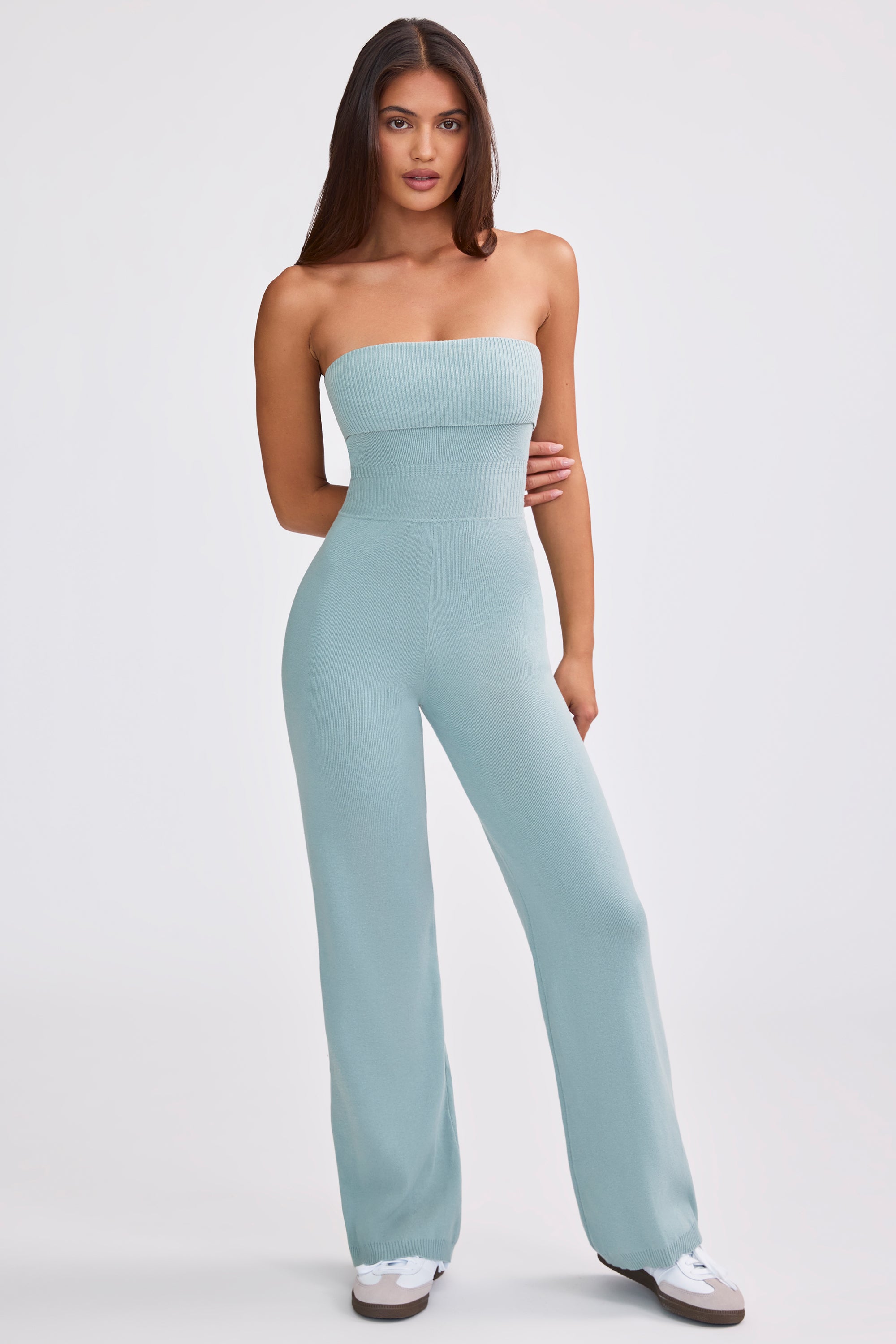 Bandeau Kick Flare Chunky Knit Jumpsuit in Dusty Teal、mySite、solidvoid
