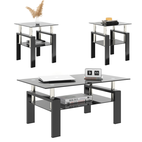Set of 2, Modern Tempered Glass Tea Table Coffee Table End Table, Square Table for Living Room, Black、、casual