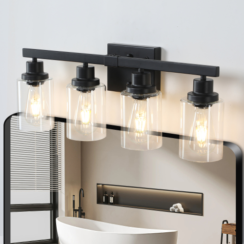 (Same as W1340P197620/L001010-B4) 24" Modern Black 4-Light Bathroom Vanity Light Fixture, Industrial Wall Sconce with Clear Glass Shades for Mirror, Bathroom, Bedroom, and Hallway (No Bulbs)、、eastwooduniform