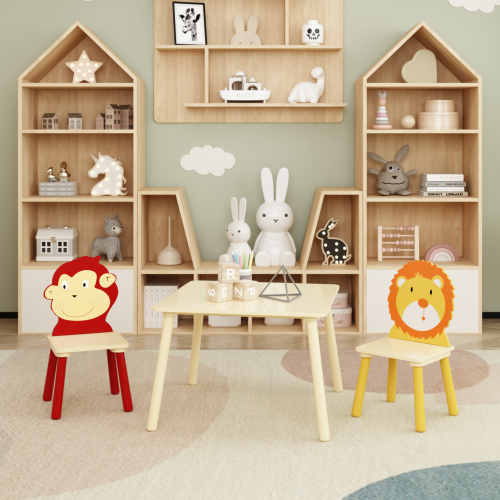Kids Table and 2 Chairs Set, 3 Pieces Toddler Table and Chair Set, Wooden Activity Play Table Set (Lion&Monkey)、、casual