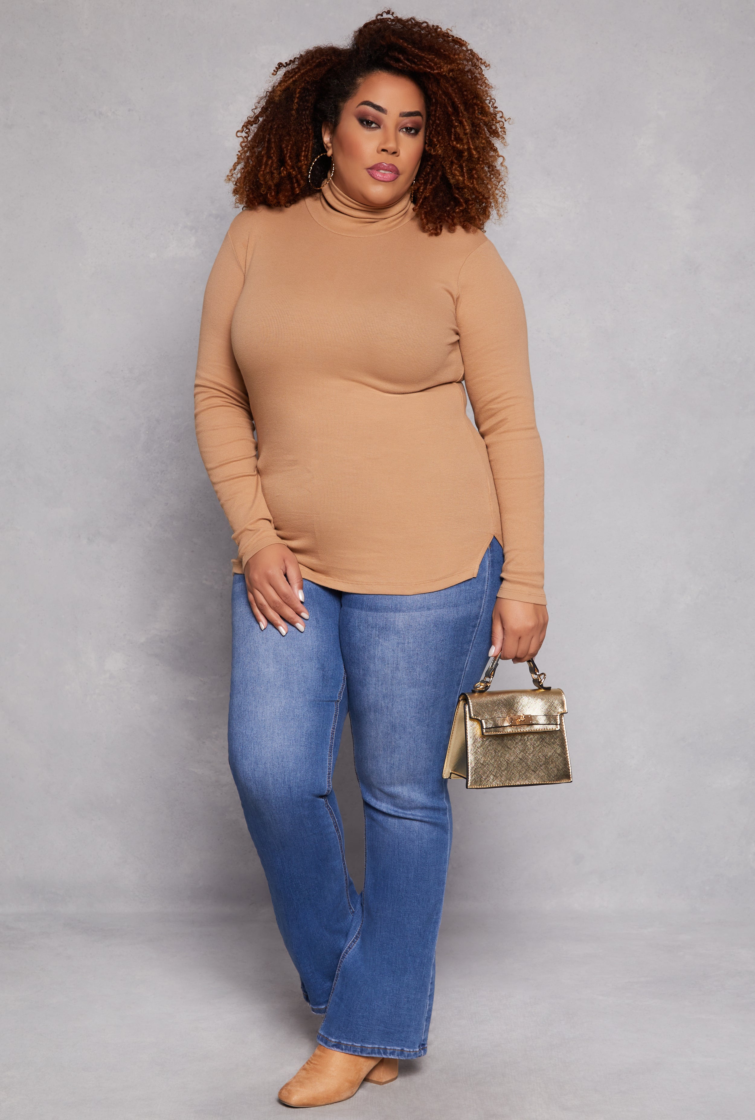 Plus Size Ribbed Knit Long Sleeve Turtleneck Top、mySite、camillekostekn