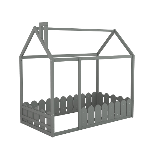 {Slats are not included}Twin Size Wood Bed House Bed Frame with Fence,for Kids,Teens, Girls,Boys {White}{OLD SKU:WF194274AAK}、、casual