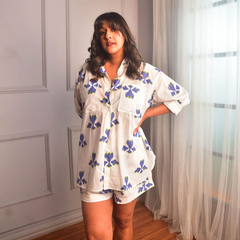 Cotton Co Ord Set For Women | Shirt & Short | Floral Block Print | White、mySite、camillekostekn