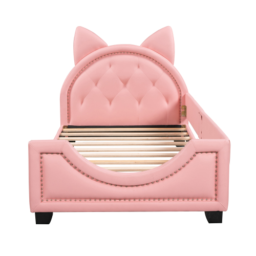 Twin Size Upholstered Daybed with Carton Ears Shaped Headboard, Pink、、casual