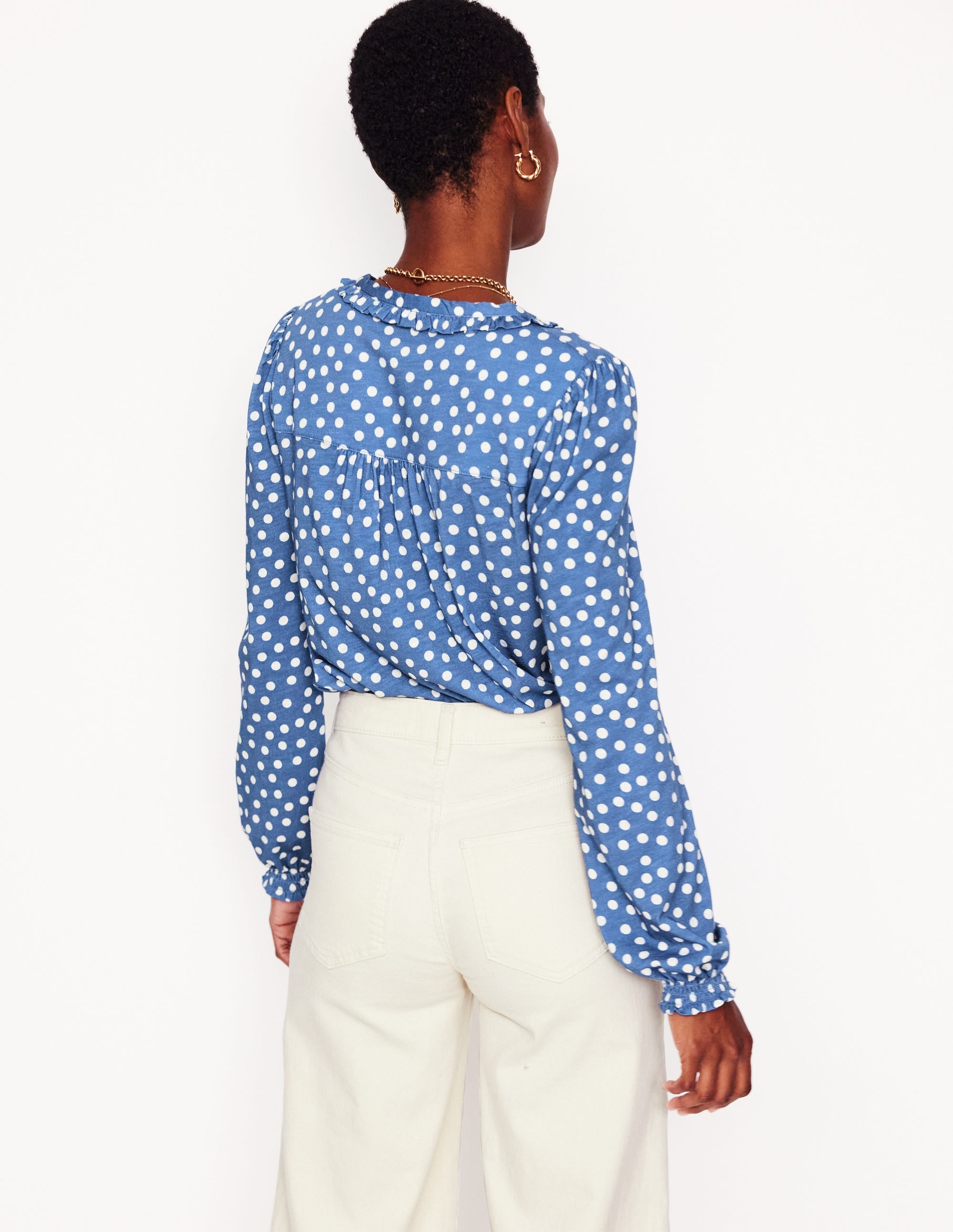  Poppy Ruffled Henley Top-Blue River, Abstract Spot、mySite、ashleygrahame
