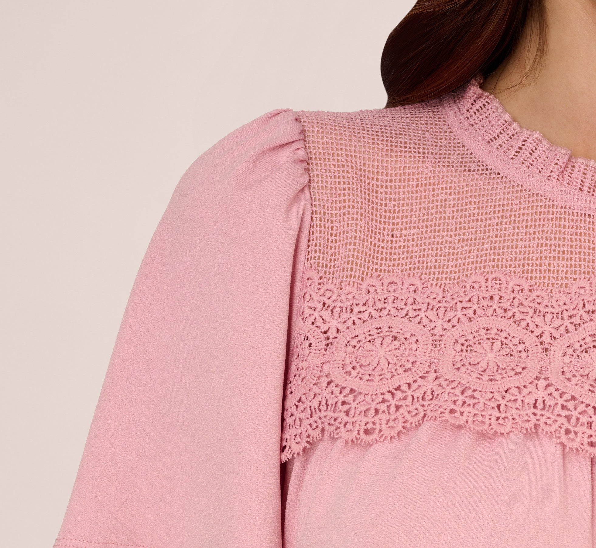 Flutter Sleeve Lace Yoke Trapeze Top In Pink Nectar、mySite、solidvoid
