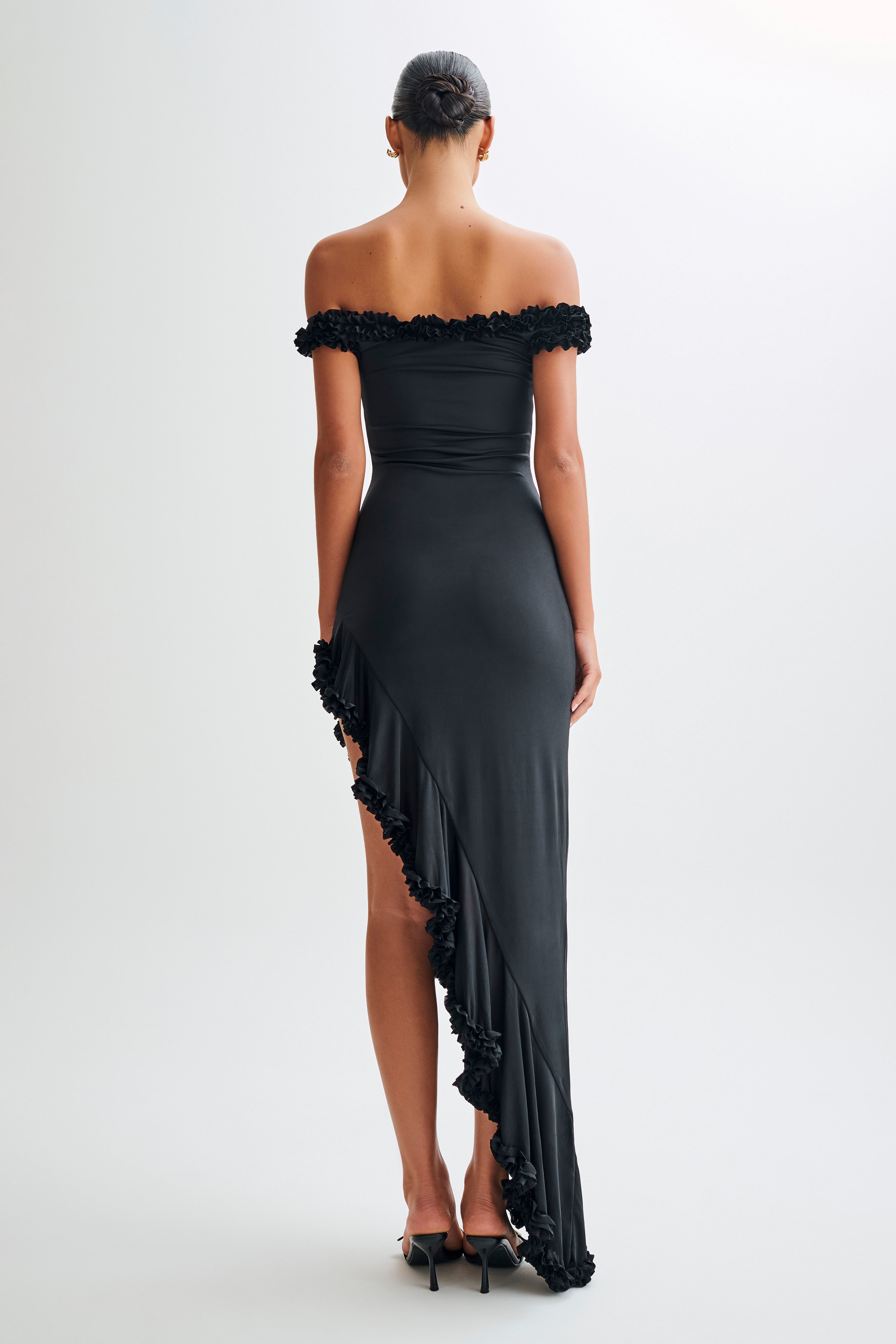 Arielle Off Shoulder Ruffle Midi Dress - Black、mySite、solidvoid