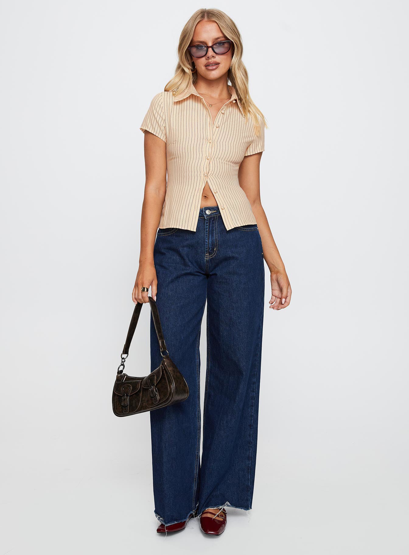 Lift Off Button Up Top Cream / Navy Stripe、mySite、solidvoid