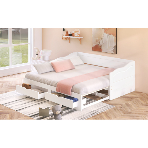 Wooden Daybed with Trundle Bed and Two Storage Drawers , Extendable Bed Daybed,Sofa Bed for Bedroom Living Room,White、、casual