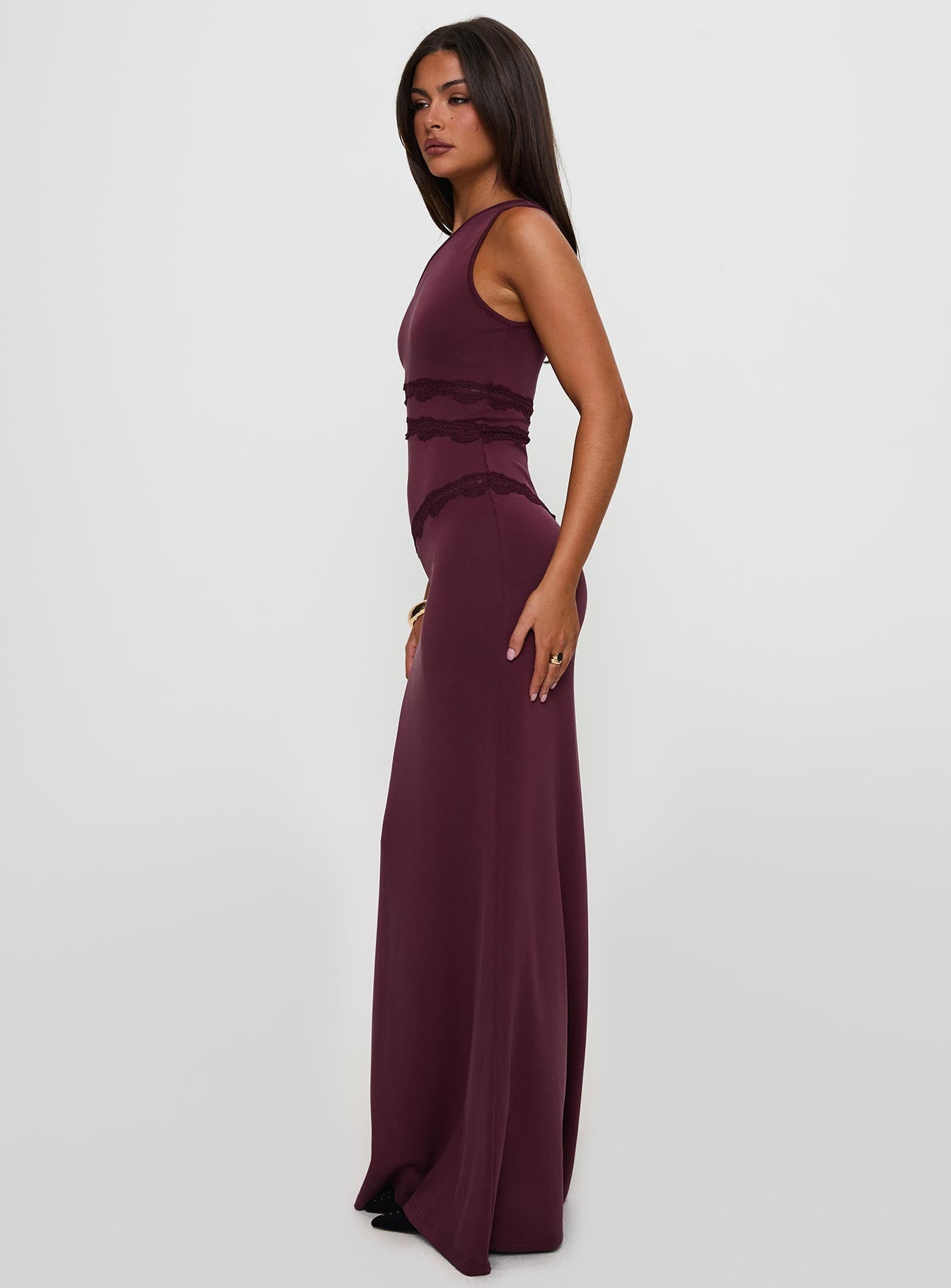 Ultraviolet One Shoulder Lace Maxi Dress Wine、mySite、solidvoid