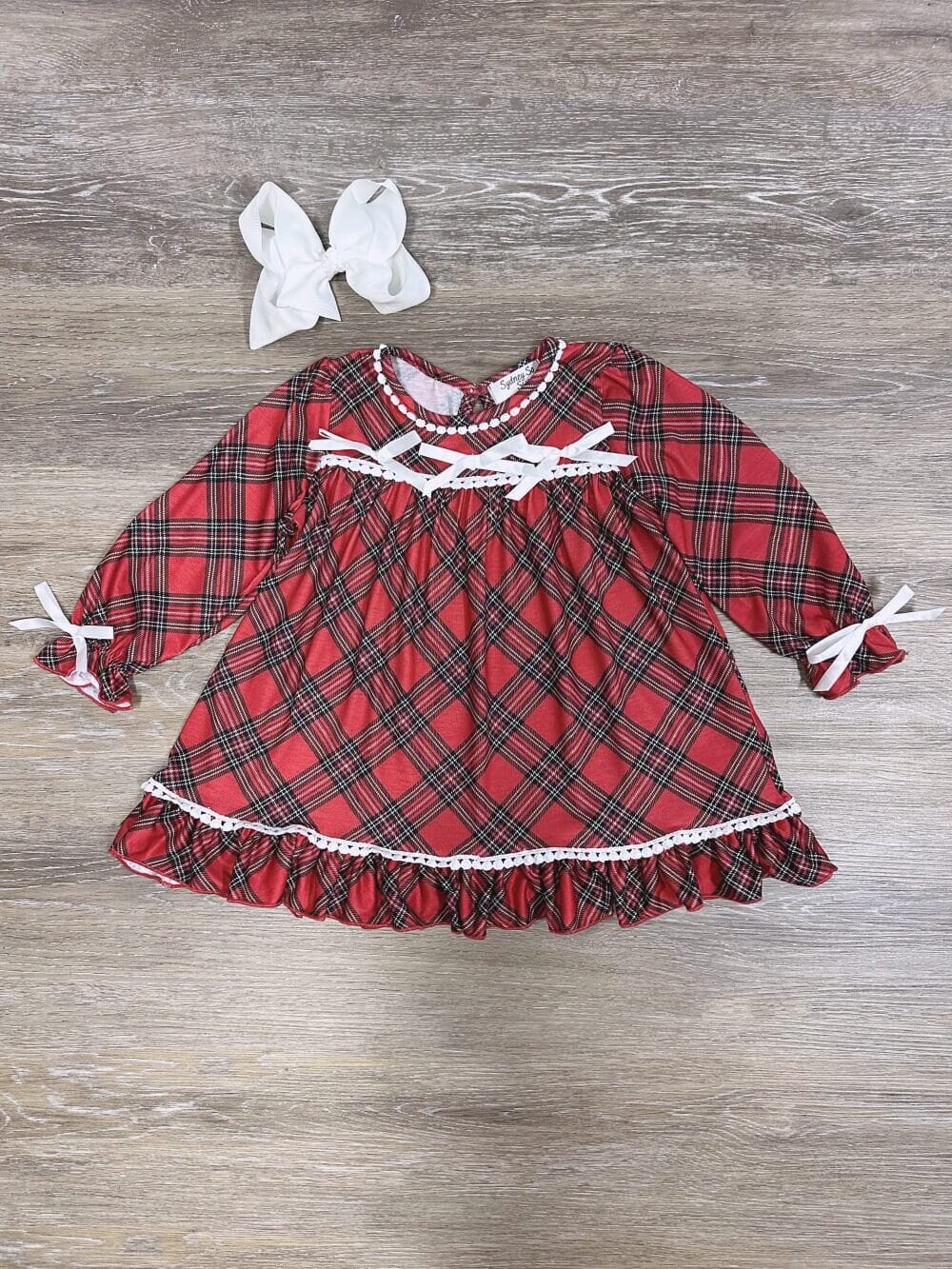 Red Tartan Plaid Bow Girls Night Gown Holiday Pajamas、mySite、camillekostekn