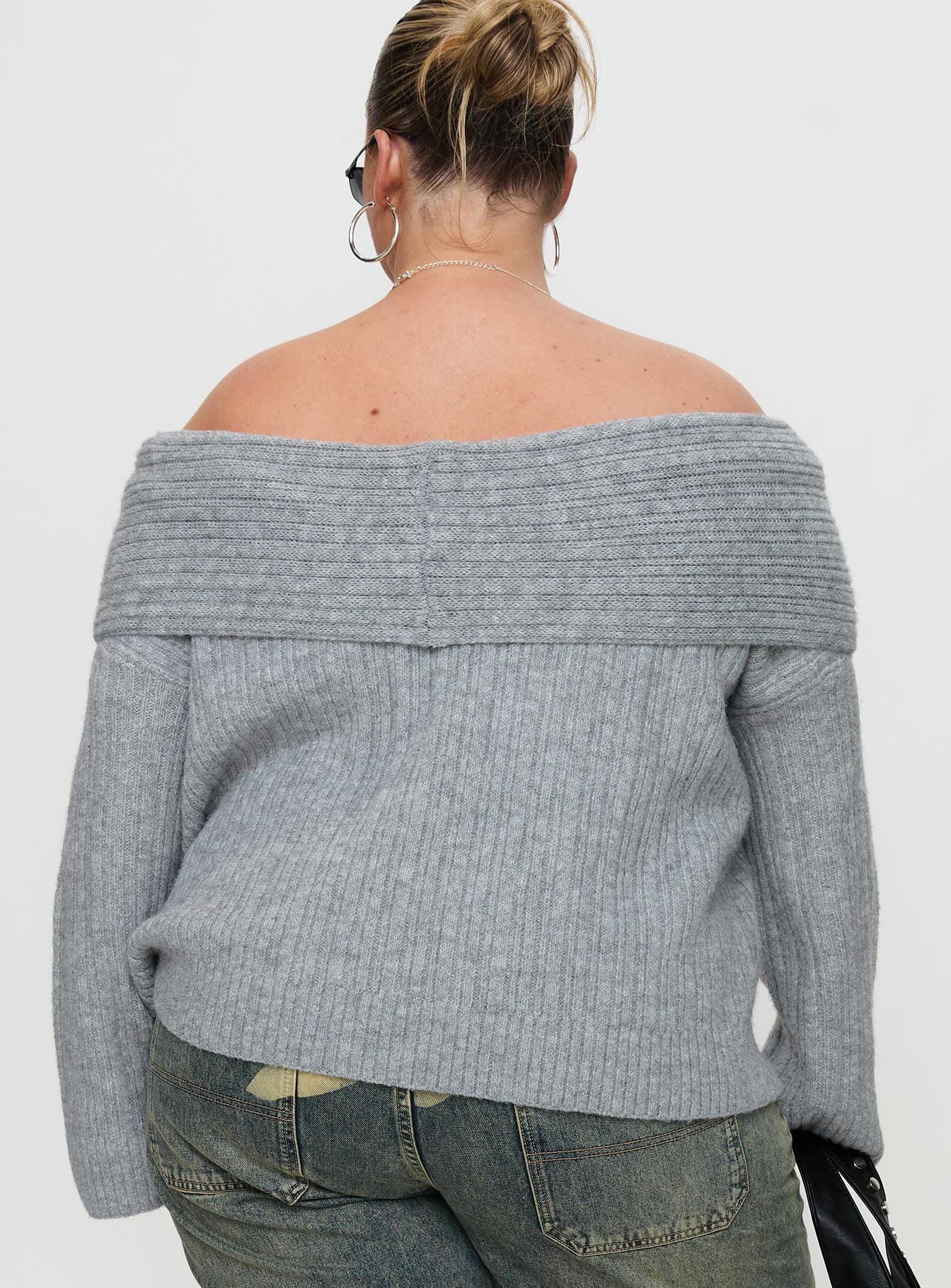 Snowie Off Shoulder Knit Sweater Grey Curve、mySite、solidvoid
