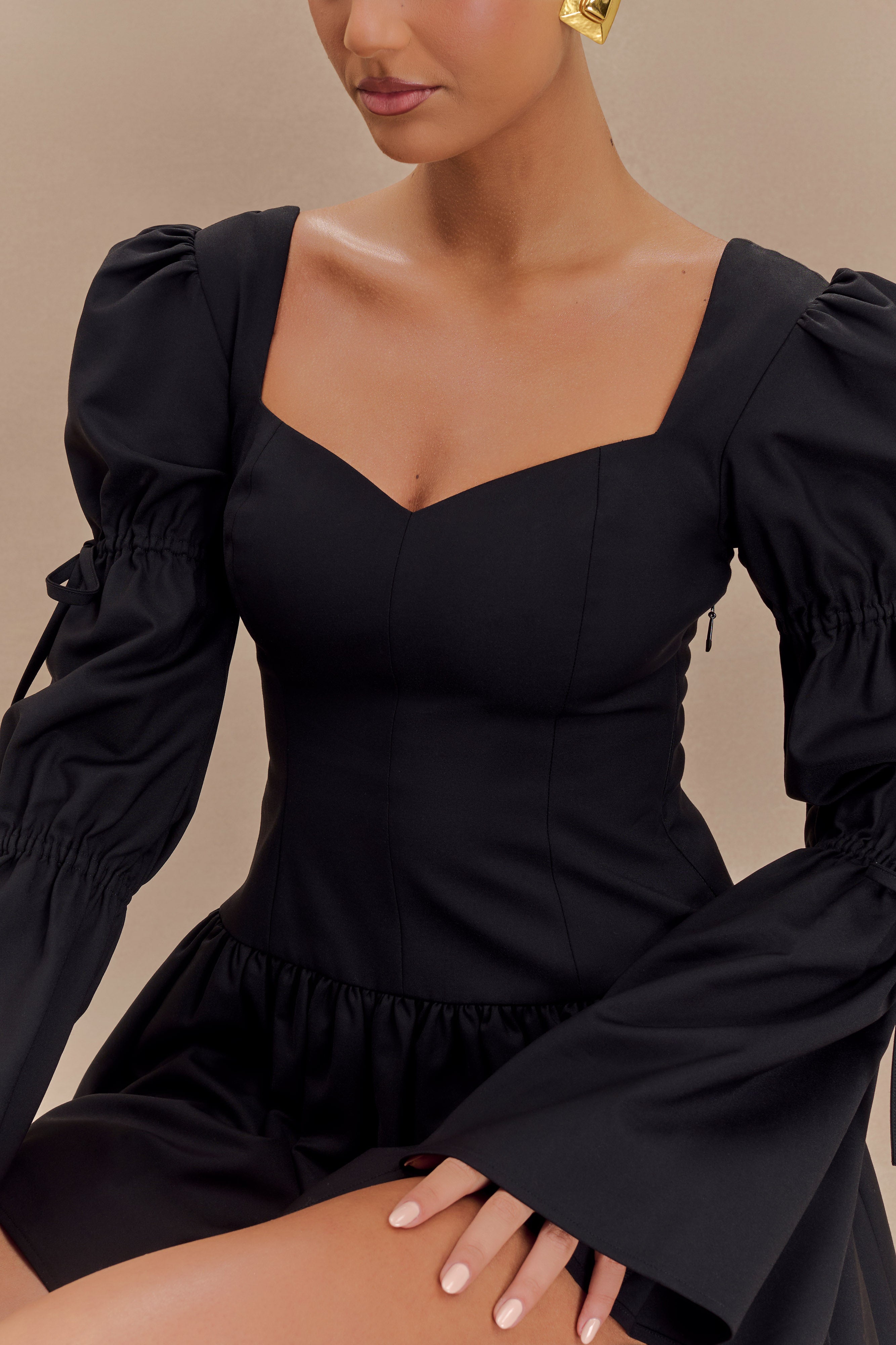 Raine Long Sleeve Cotton Mini Dress - Black、mySite、solidvoid