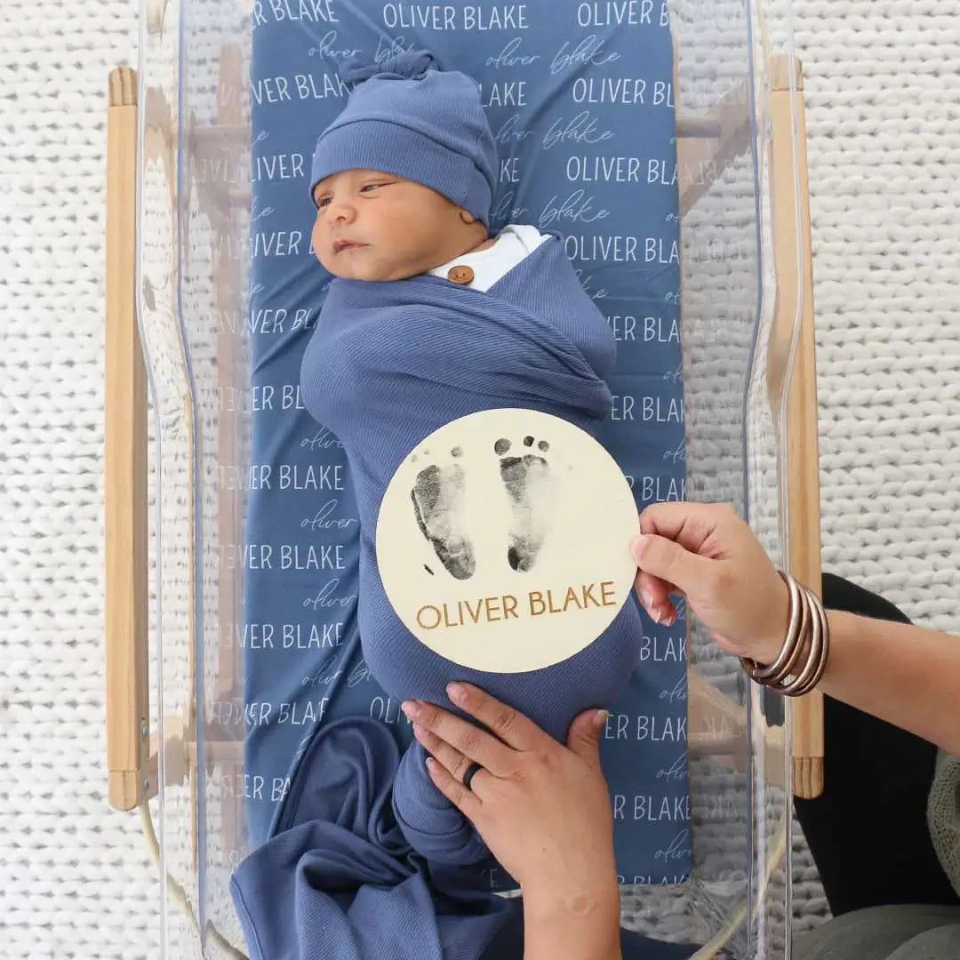  Personalized Steel Blue Baby Name Swaddle Blanket | Block Script、mySite、layawaytickets