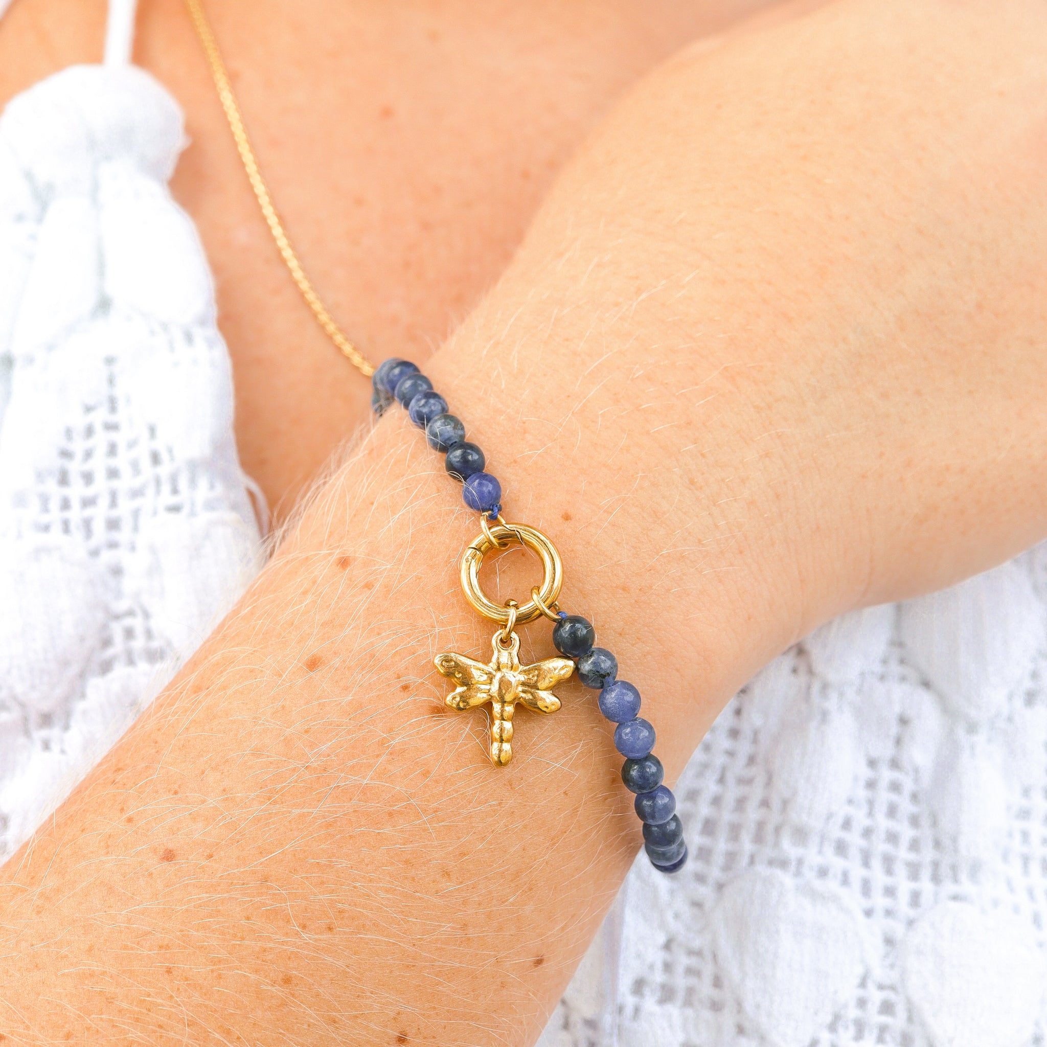 18K Gold PVD Stainless Steel Semi Precious Natural Stone Charm Keeper Bracelet / SBB0358、mySite、dreamappss