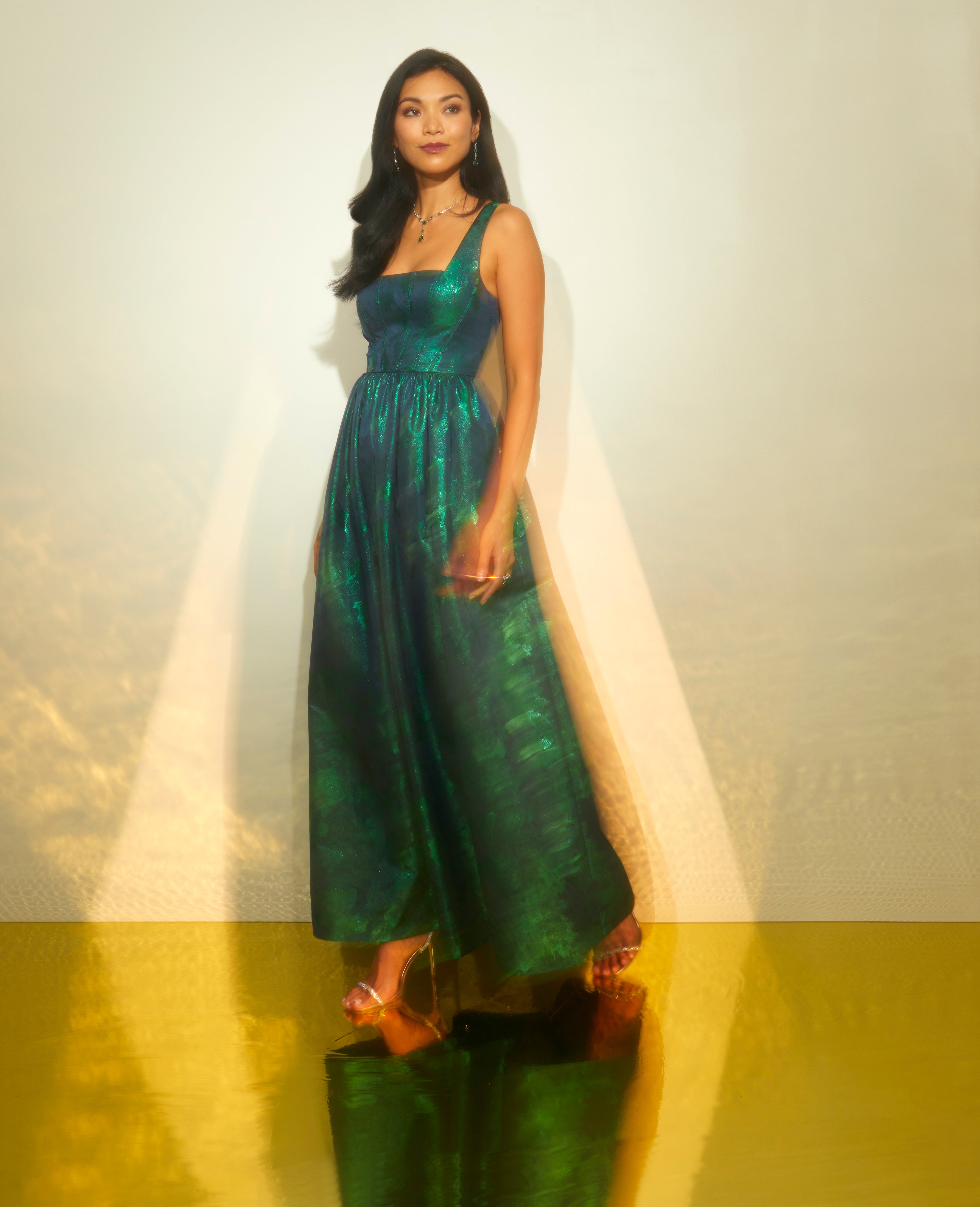 Lame Satin Jacquard Gown With Square Neckline In Dark Ivy、mySite、solidvoid