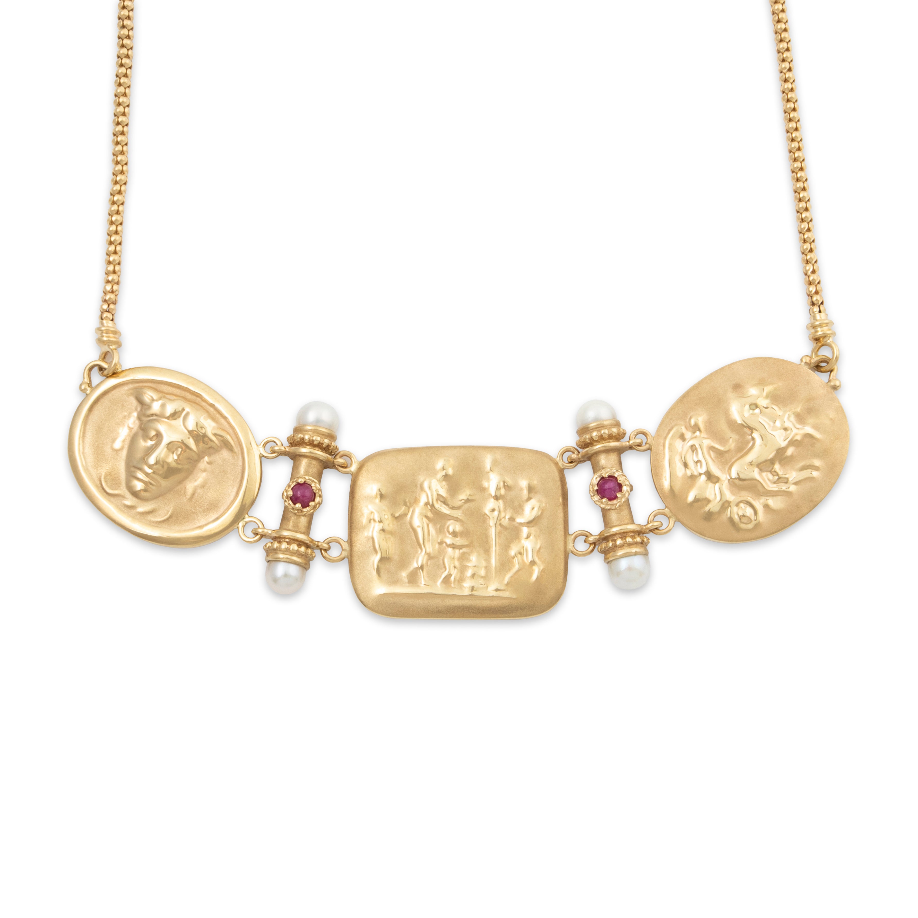 Vintage Italian 14k Yellow Gold Pearl Ruby Etruscan Style Statement Necklace 17、mySite、hinf8tx79