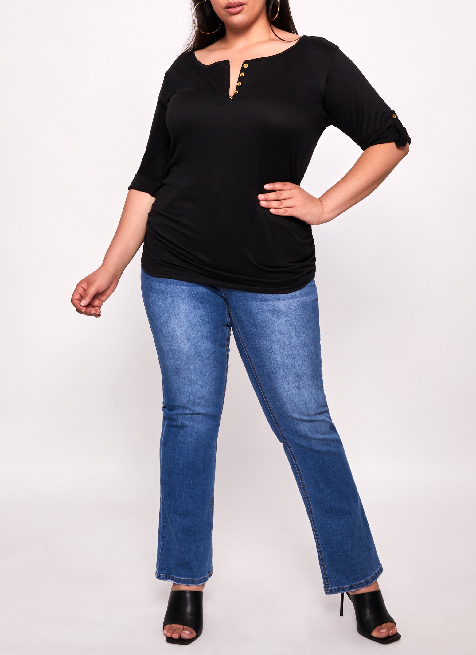 Plus Size Scoop Neck Tabbed Sleeve Top、mySite、camillekostekn