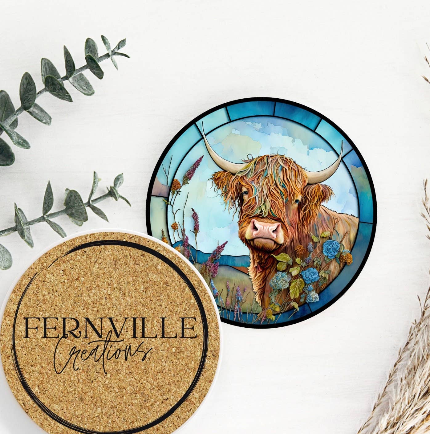 Colorful Highland Cow Ceramic Coaster with Stained Glass Motif Handmade in the USA、mySite、g9winljtr