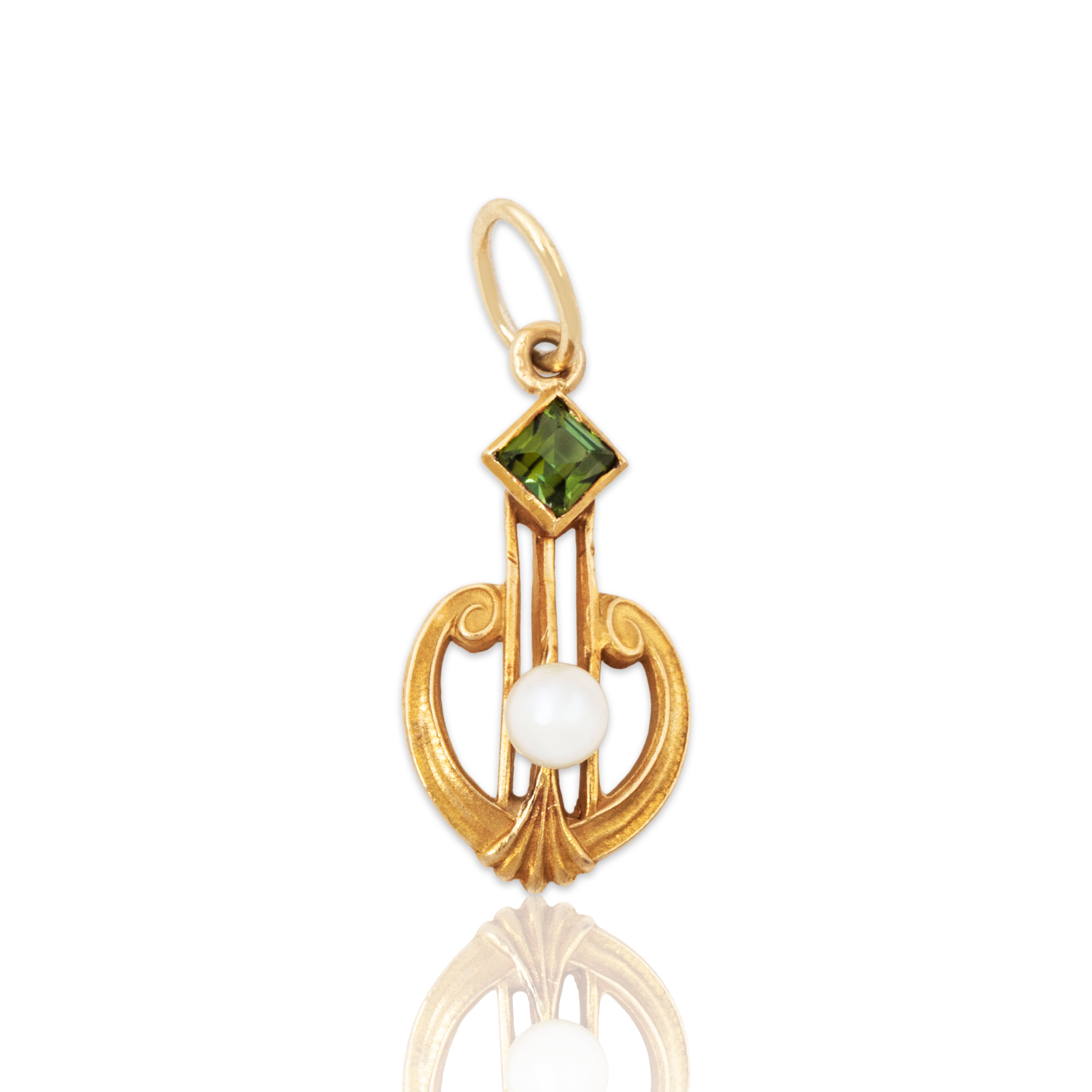 Antique Art Nouveau 14k Yellow Gold Peridot Pearl Satin Charm / Pendant、mySite、hinf8tx79