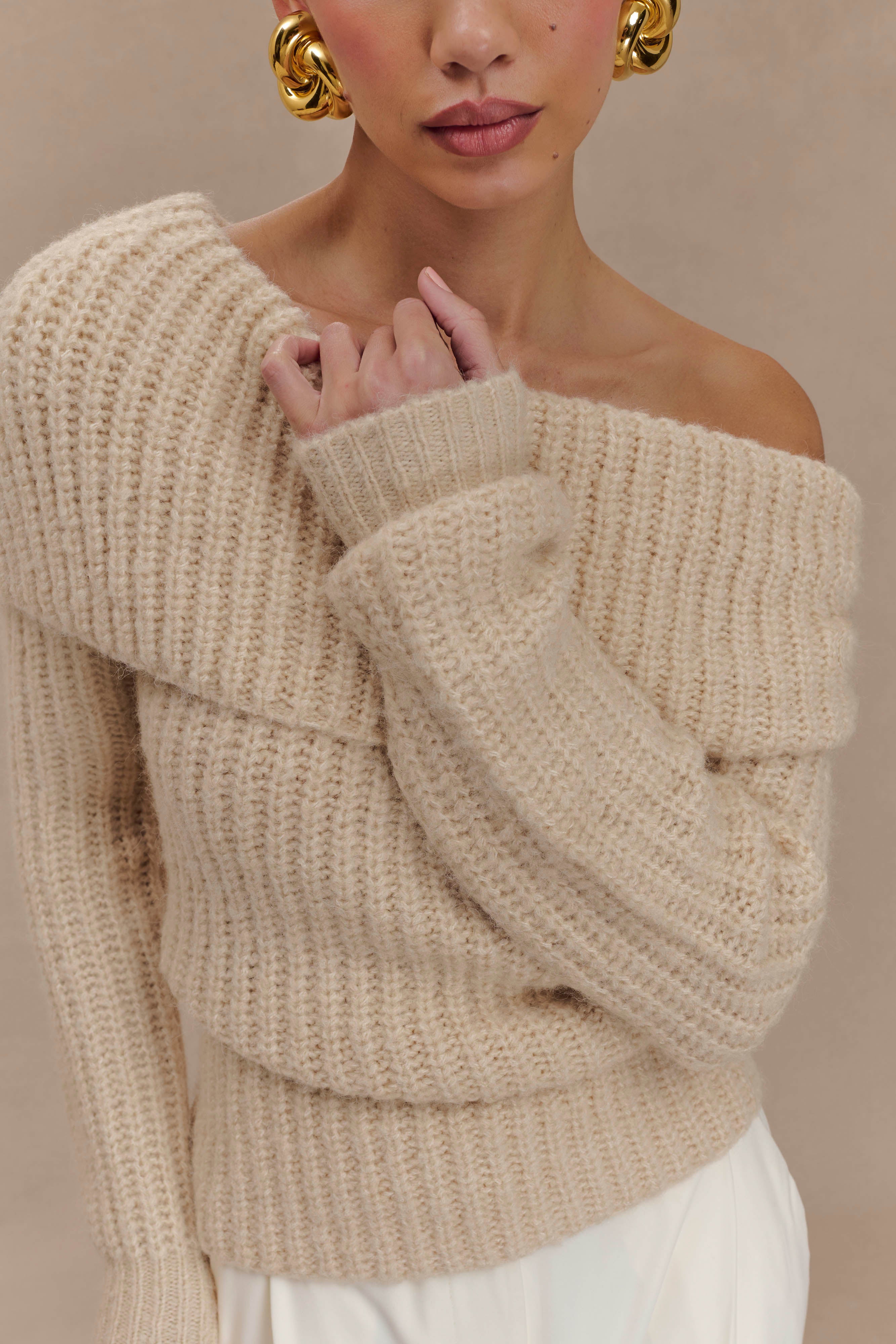 Alicia Off Shoulder Knit Top - Cream、mySite、solidvoid
