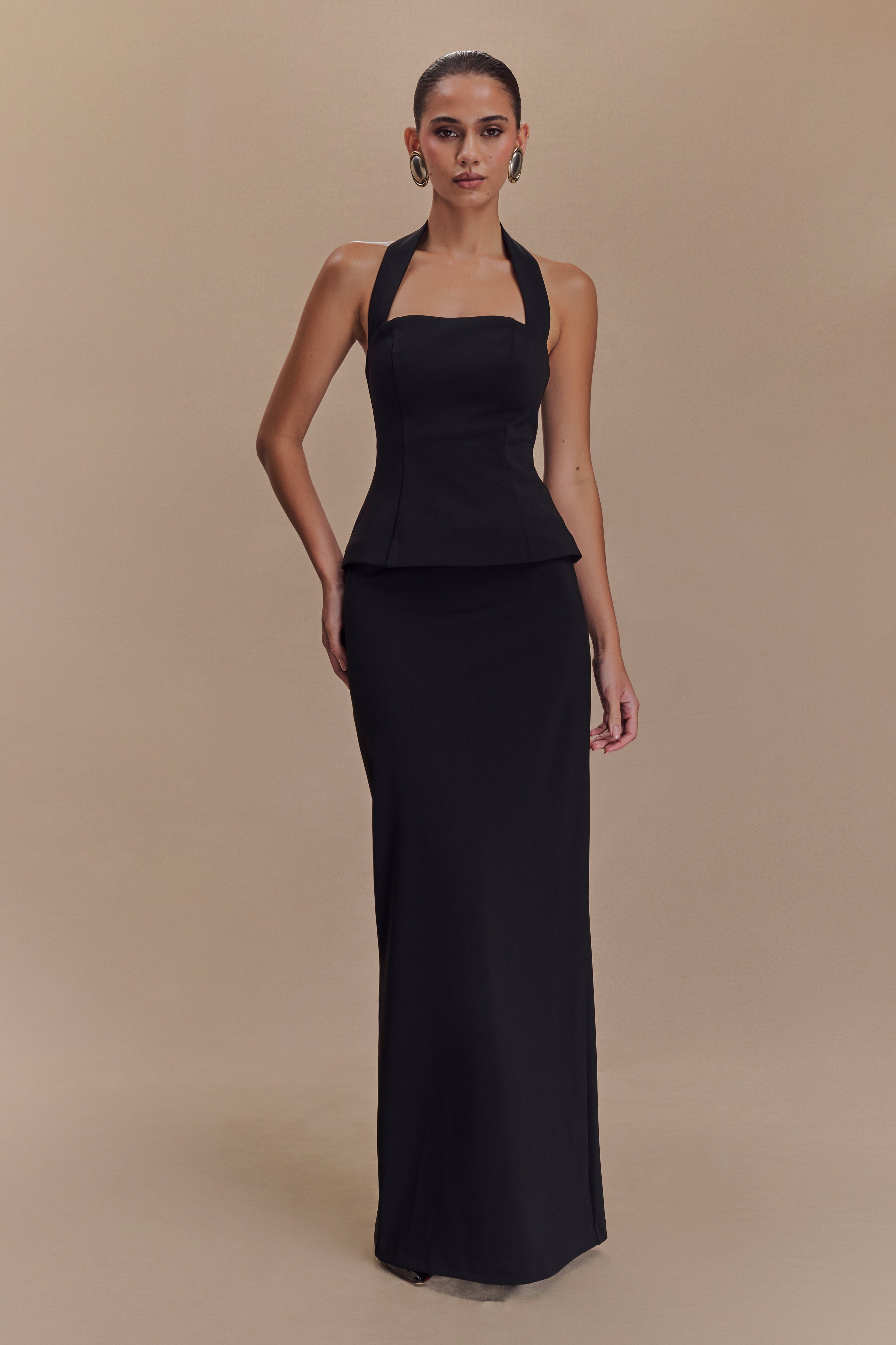 Bertie Peplum Halter Maxi Dress - Black、mySite、solidvoid