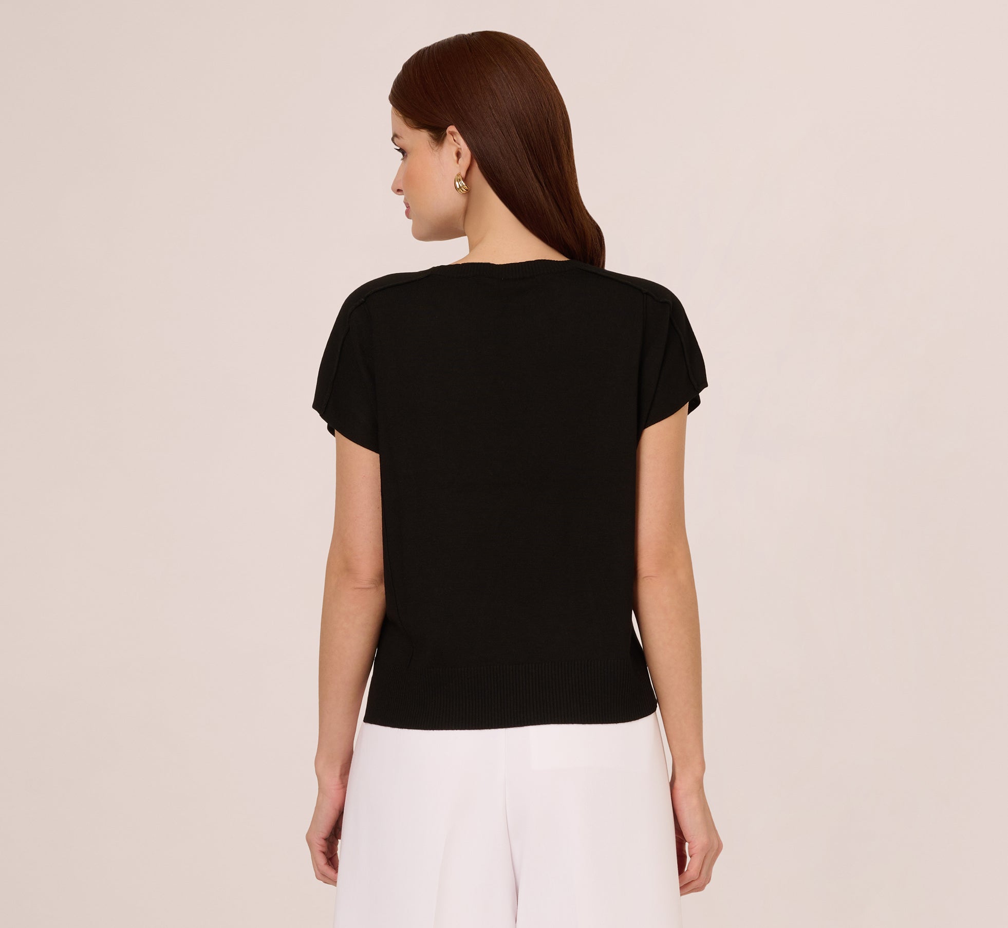 Short Sleeve Exposed Seam Pullover Sweater In Black、mySite、solidvoid