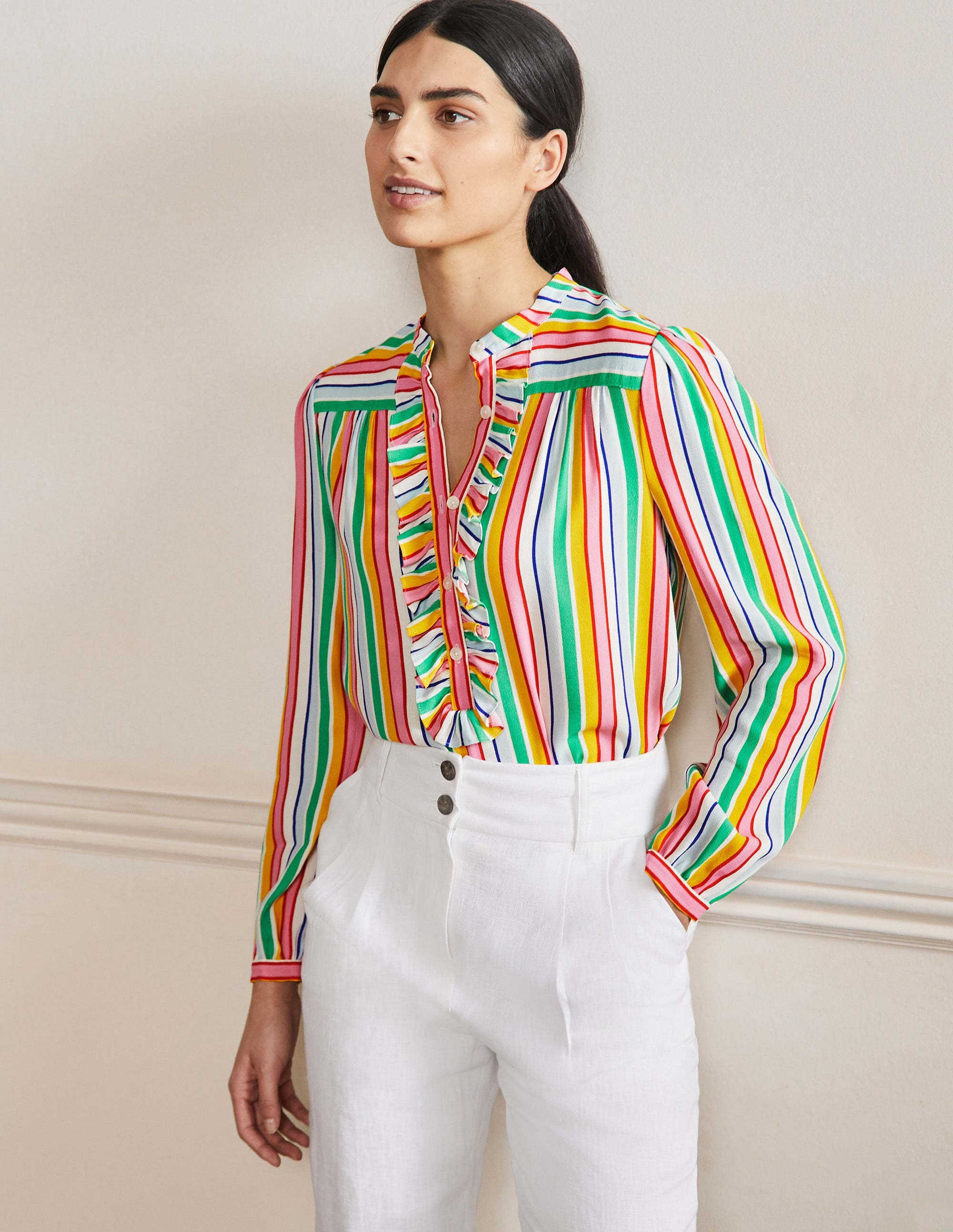  Ruffle Popover Blouse-Rainbow Multistripe、mySite、ashleygrahame