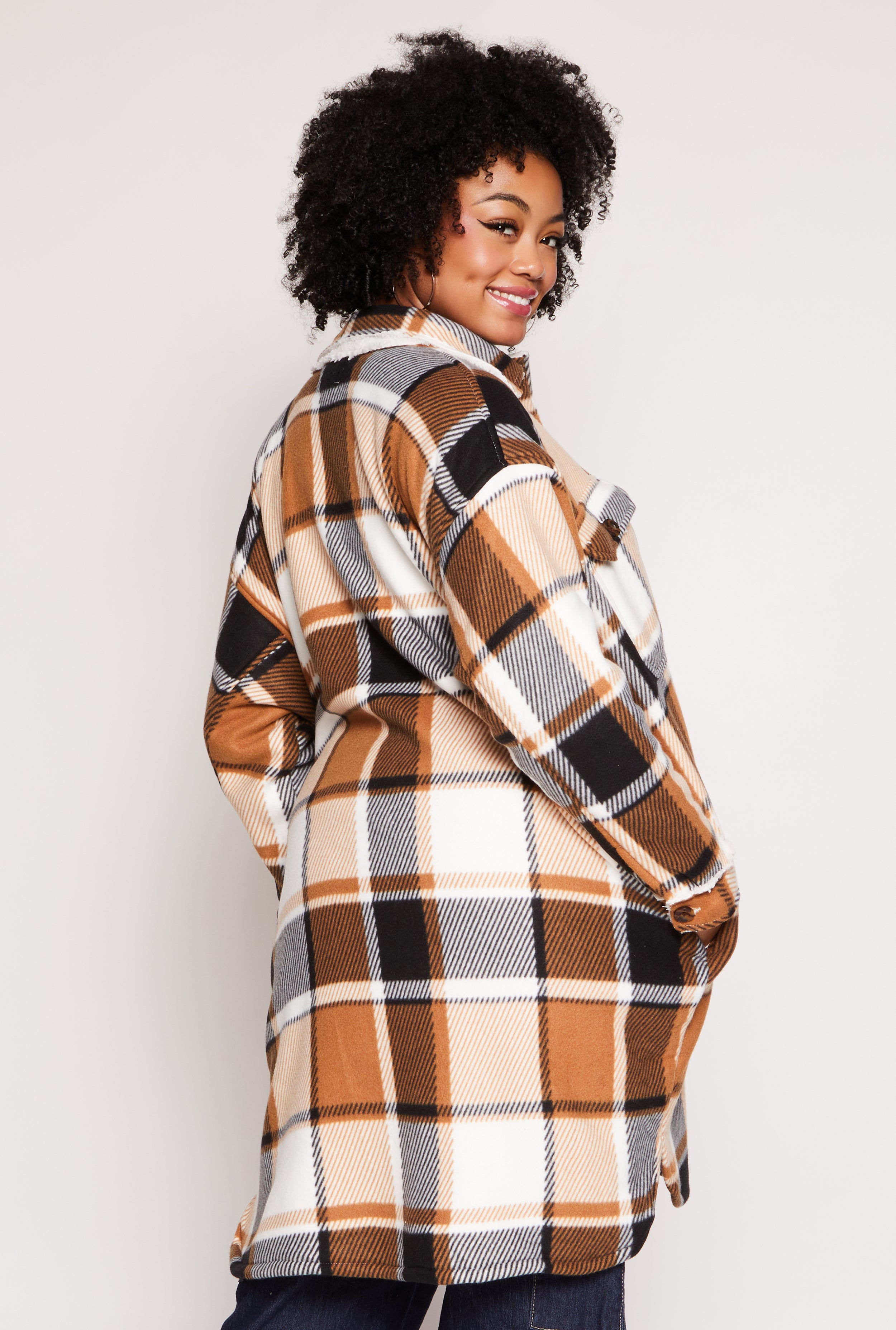 Plus Size Sherpa Lined Plaid Long Shacket、mySite、camillekostekn