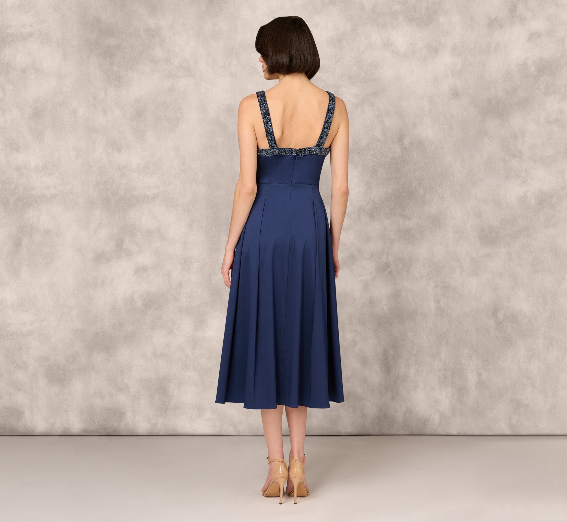 Stretch Mikado Midi Dress With Beaded Neckline And Straps In Navy、mySite、solidvoid