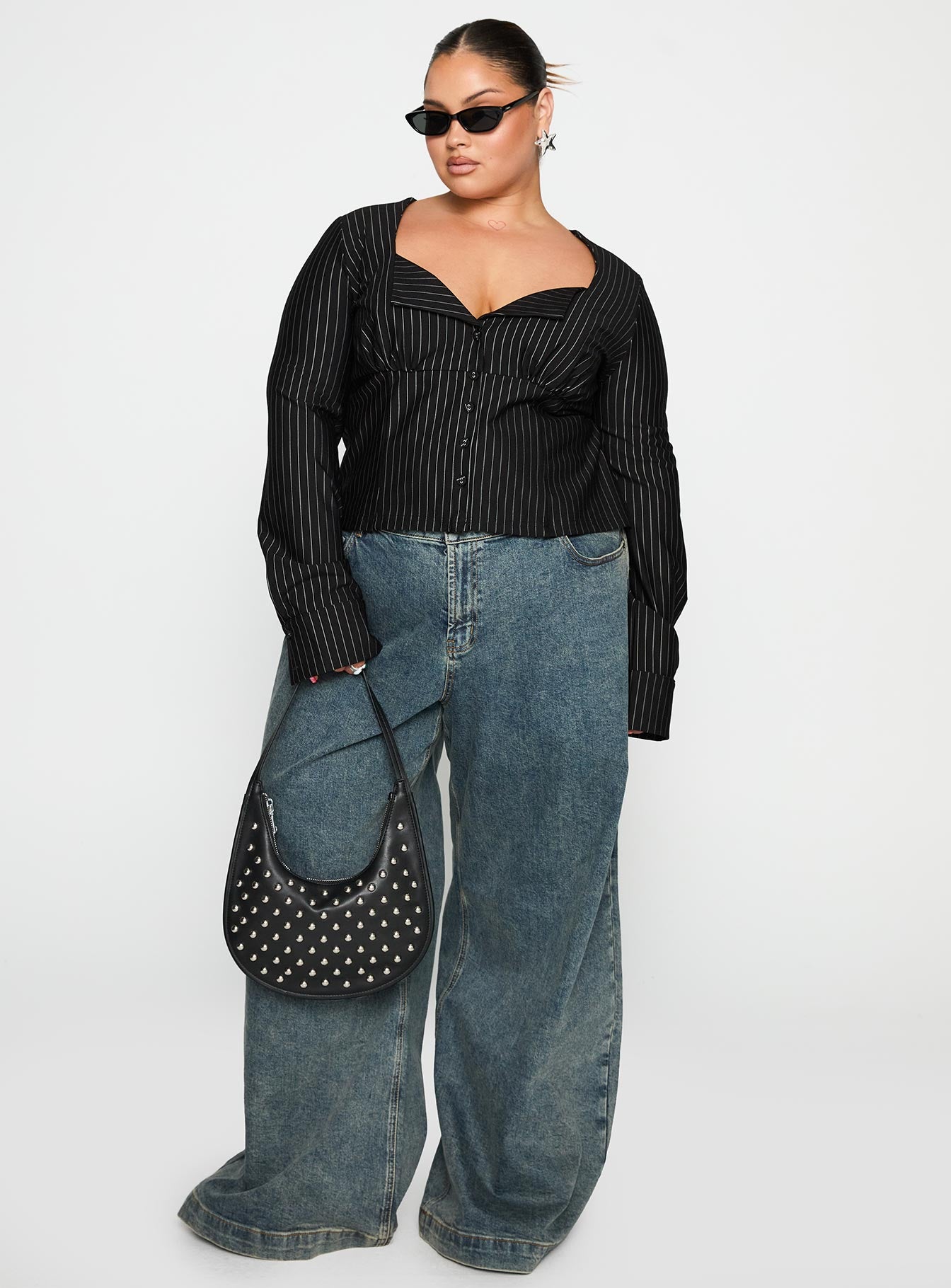 Set For Life Foldover Detail Long Sleeve Top Black / White Pinstripe Curve、mySite、solidvoid