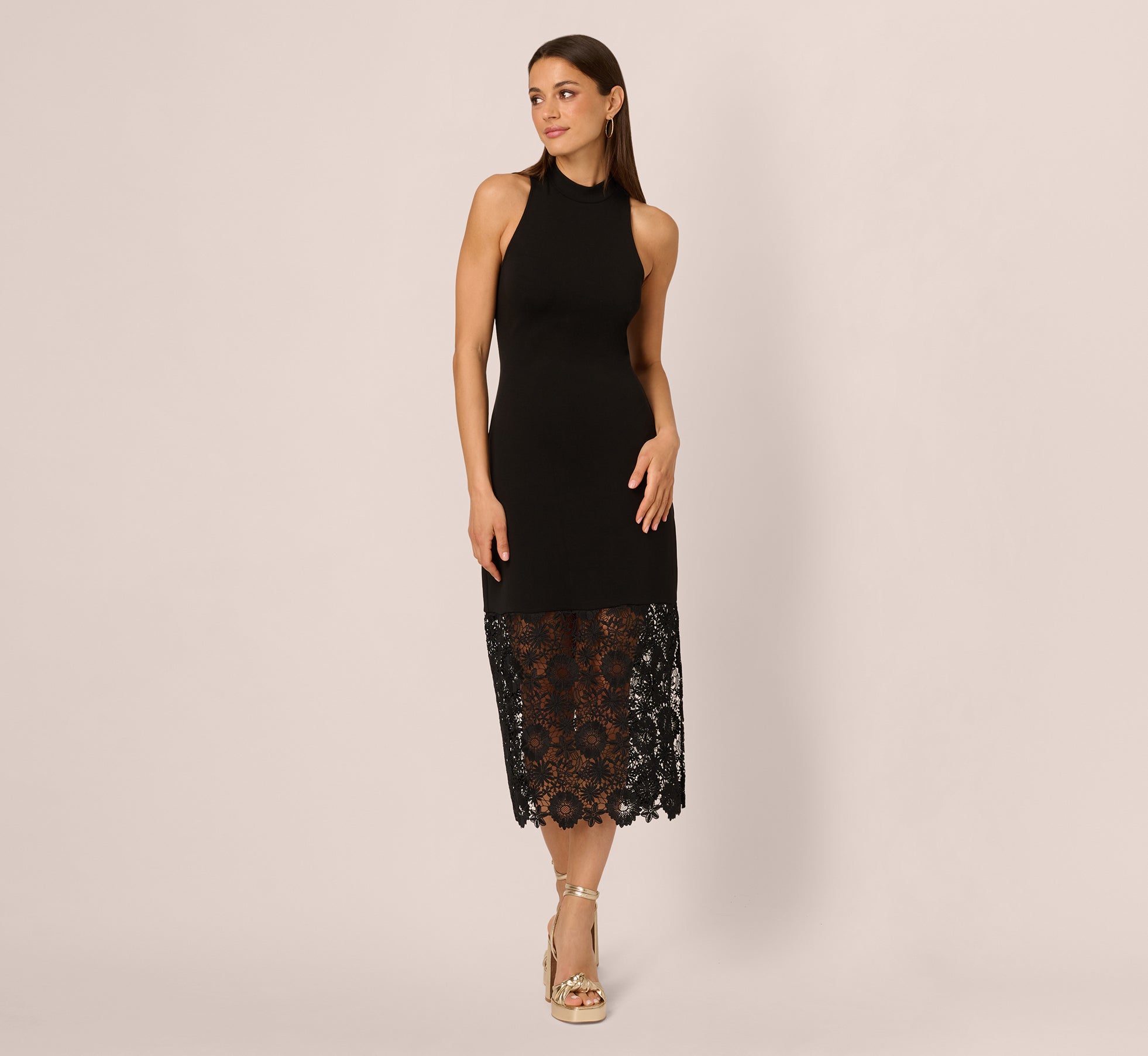 Sleeveless Lace Hem Midi Sheath Dress In Black、mySite、solidvoid