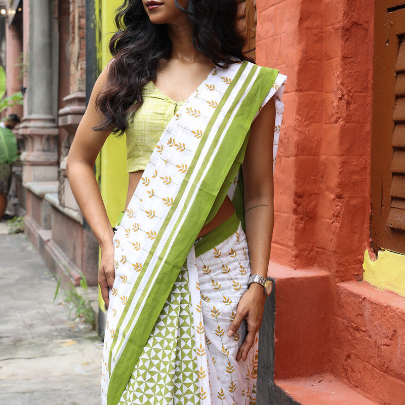 Cotton Saree | Hand Block Print | White & Green、mySite、camillekostekn