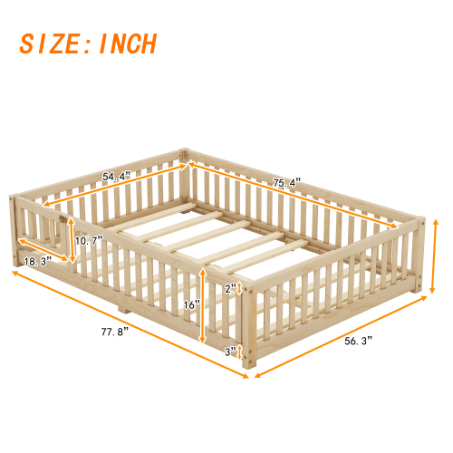 Twin Size Bed Floor Bed with Safety Guardrails and Door for Kids, Natural(Old SKU: W158090686)、、casual