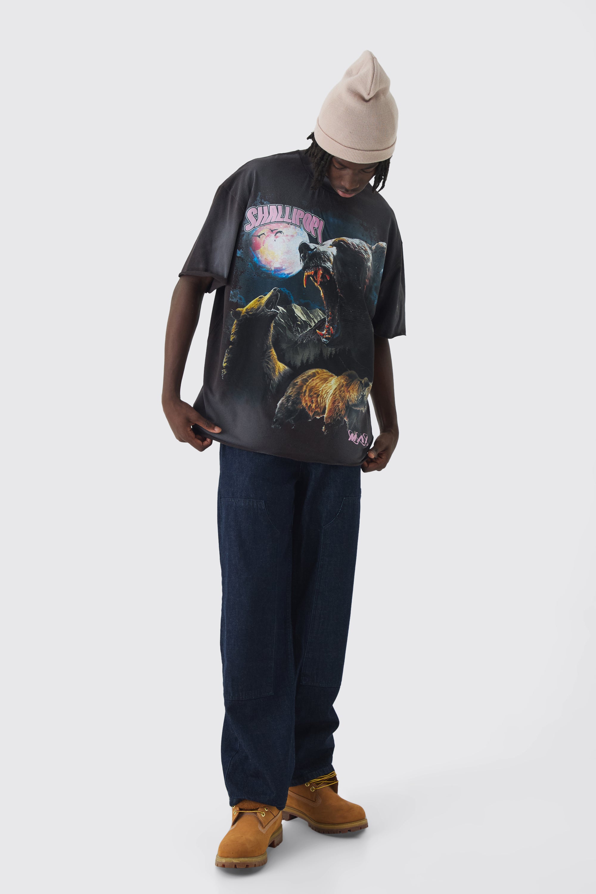  Boohooman Oversized Extended Neck Bear Washed T-Shirt Chocolate、mySite、justintrudeaud