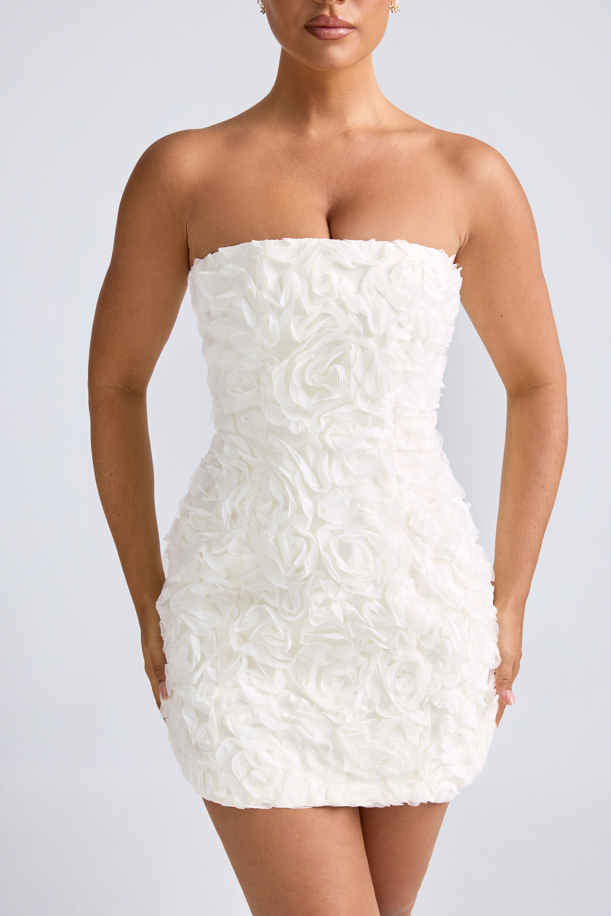 Floral-Appliqué Bandeau A-Line Mini Dress in White、mySite、solidvoid