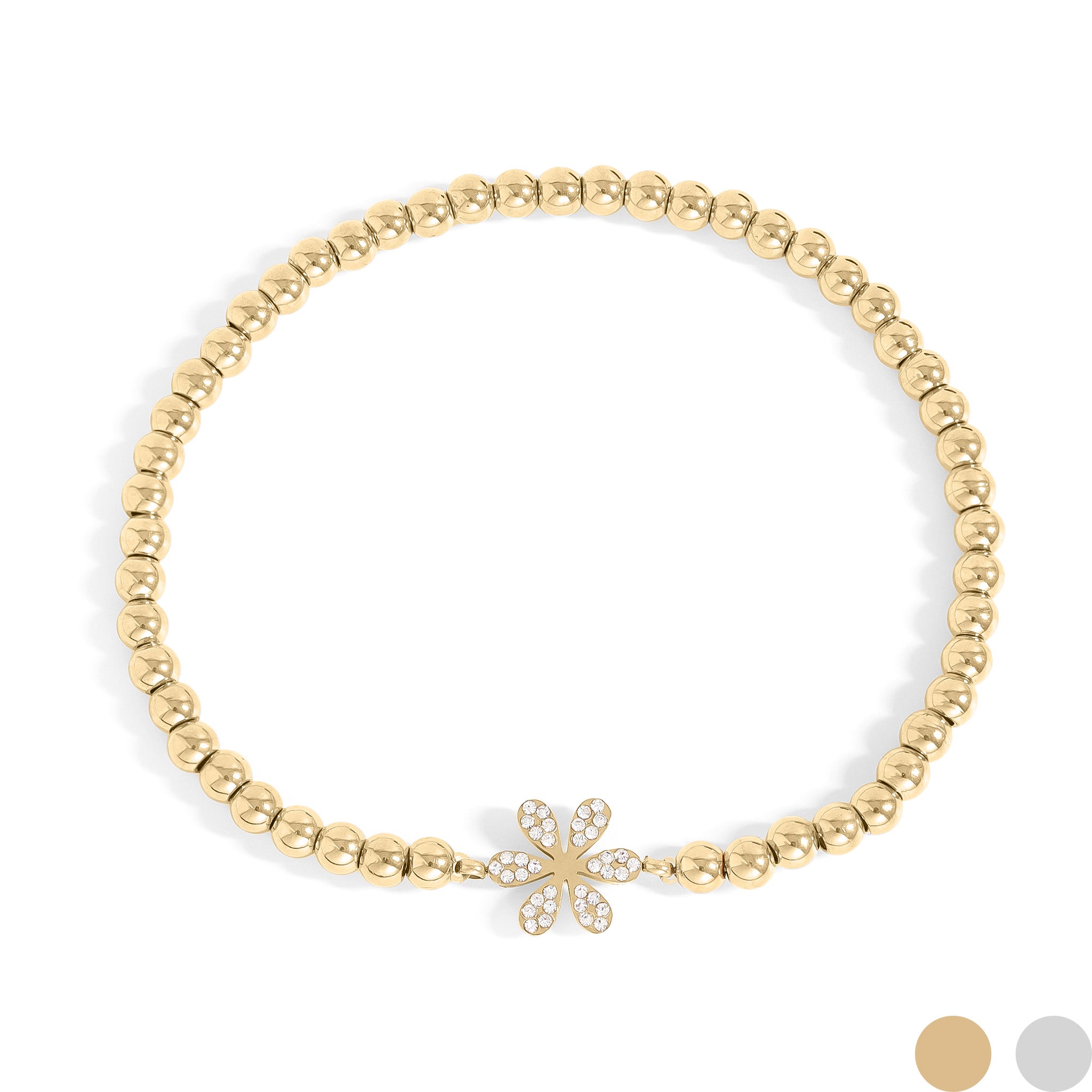 18K Gold PVD Stainless Steel Stone Flower Metal Beaded Stretch Bracelet / BRJ1020、mySite、dreamappss