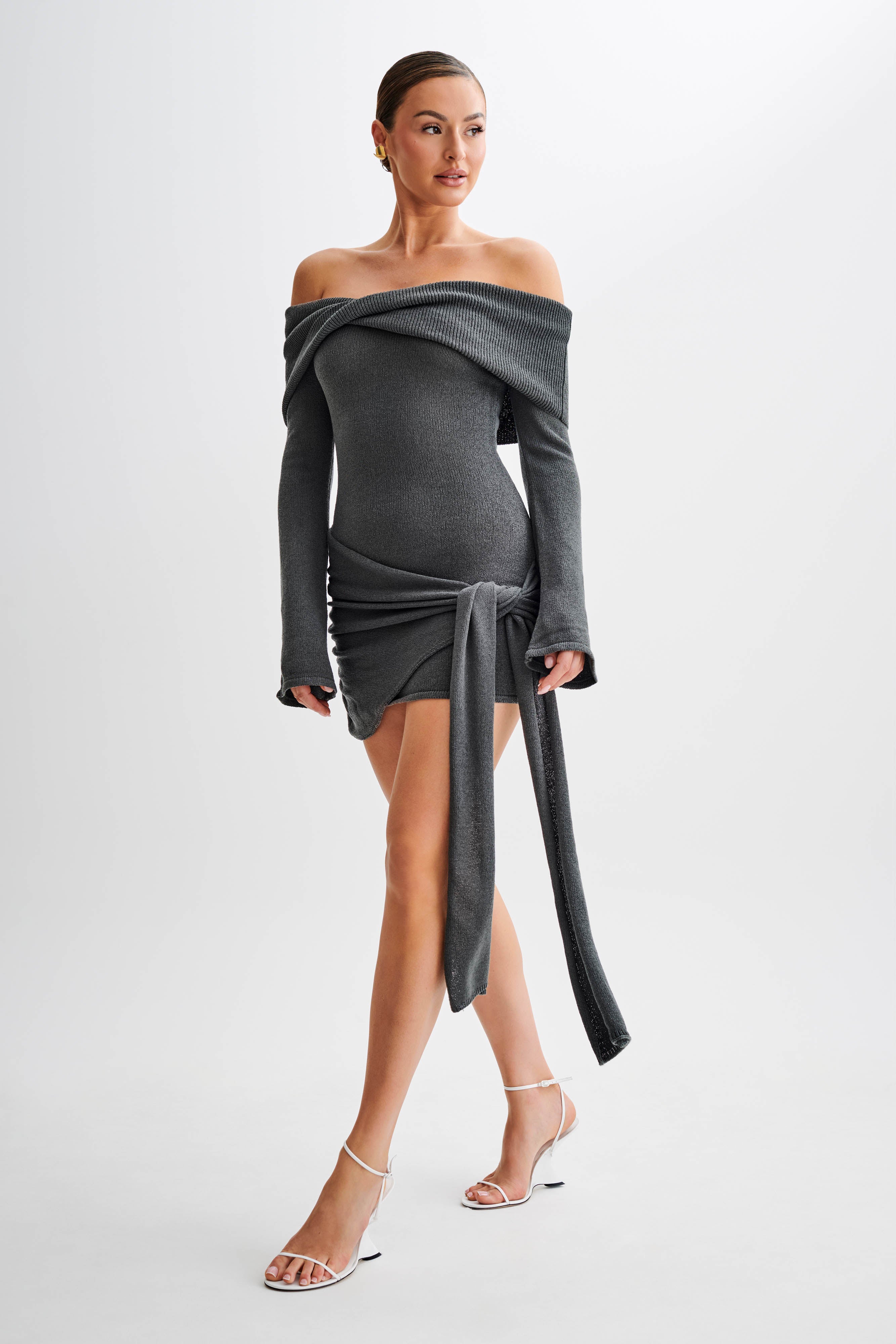 Camryn Off Shoulder Tie Knit Mini Dress - Charcoal、mySite、solidvoid