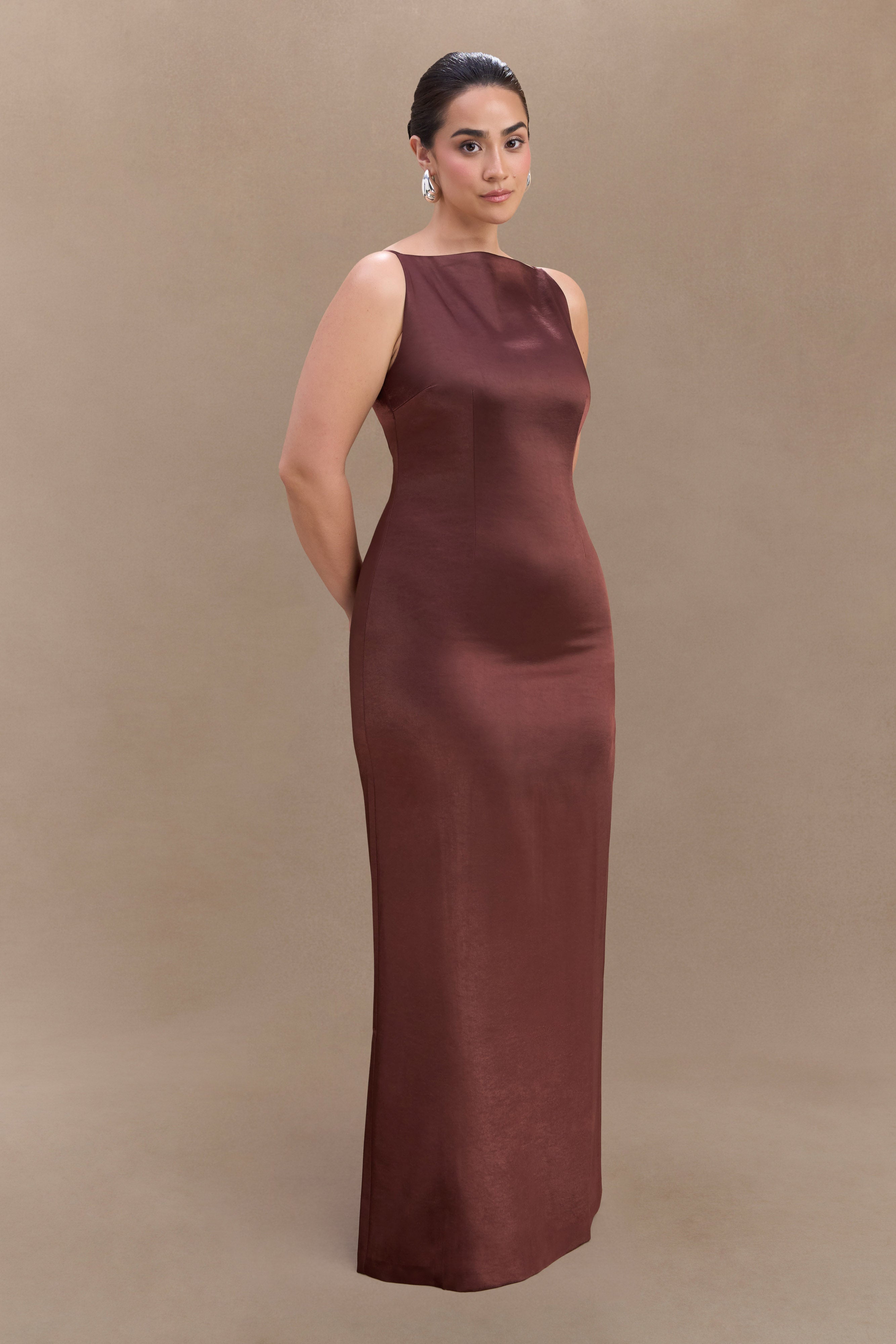 Violet Sleeveless Satin Maxi Dress - Dark Chocolate、mySite、solidvoid