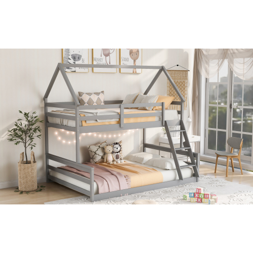 Twin over Twin Low Bunk Bed, House Bed with Ladder , Gray(OLD SKU:WF197808AAE)、、casual