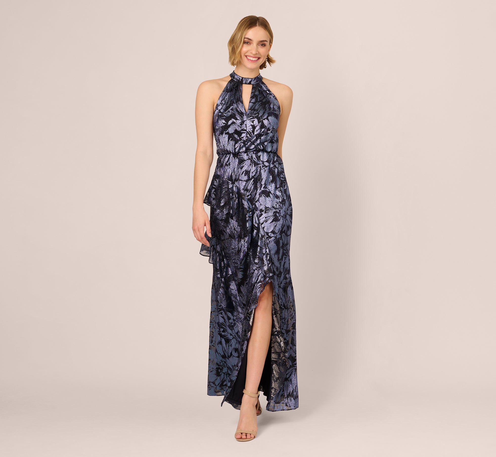 Crinkle Metallic Keyhole Halter Ruffle Gown In Navy、mySite、solidvoid