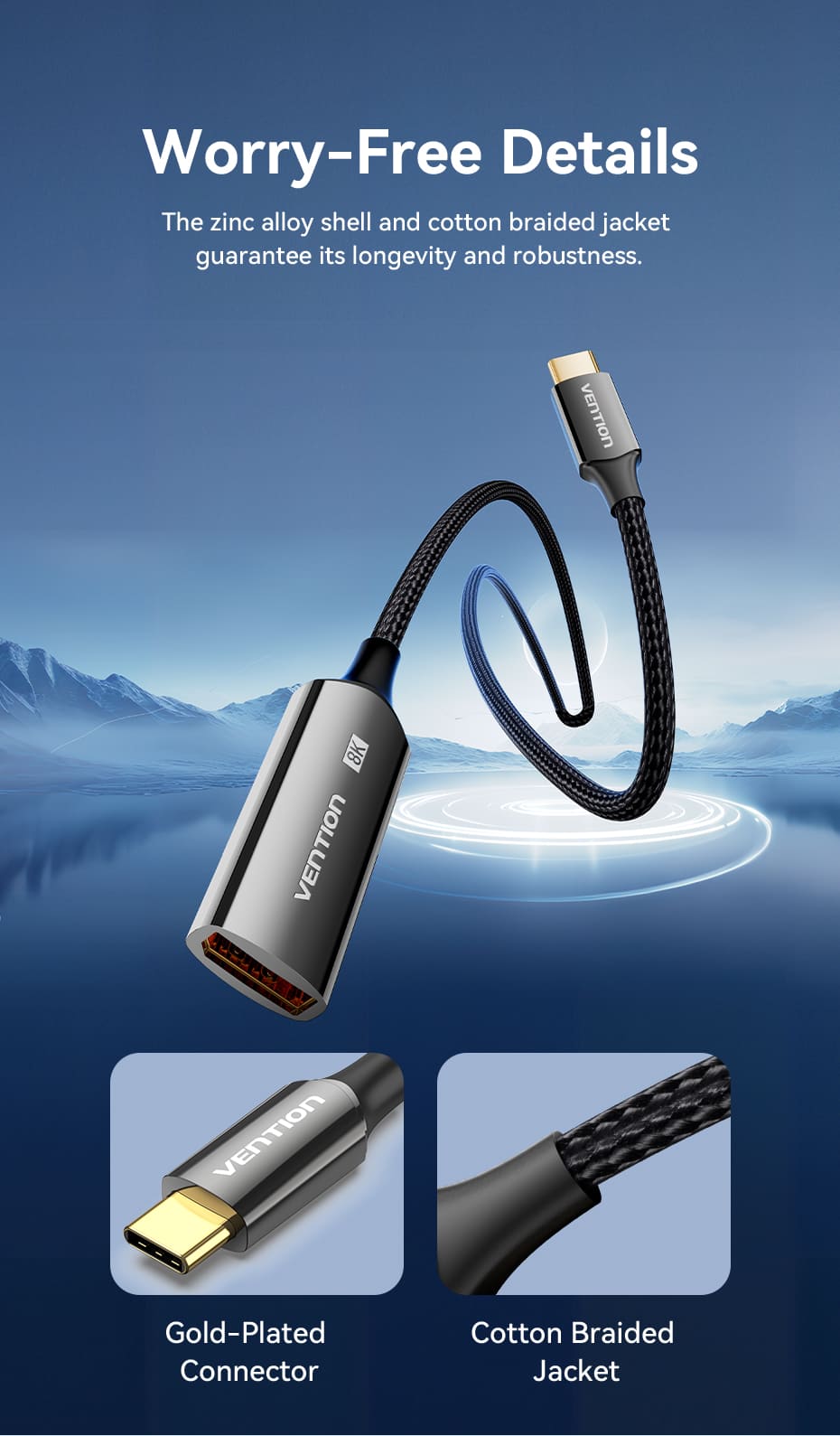 Cotton Braided USB-C to DP 8K Converter 0.25M Black Zinc Alloy Type