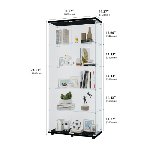 Glass Display Cabinet with 5 Shelves Double Door, Curio Cabinets for Living Room, Bedroom, Office, Black Floor Standing Glass Bookshelf, Quick Installation、、casual