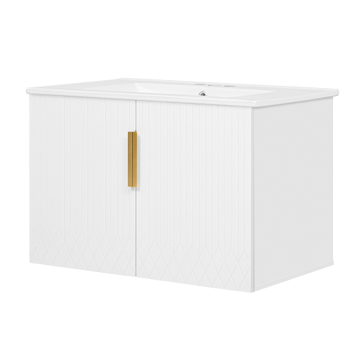 30" Vintage Bathroom Vanity with Ceramic Sink, with 3 Holes Single Ceramic Sink, Bathroom Storage Vanity Cabinet with 2 Soft Closing Doors、、xpatfood