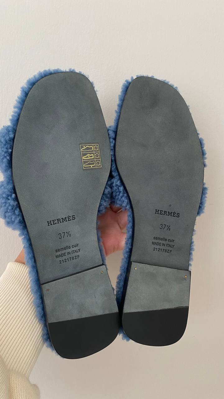 Hermes Teddy Bear blue Oran woolskin sandals、mySite、garminoutage.com