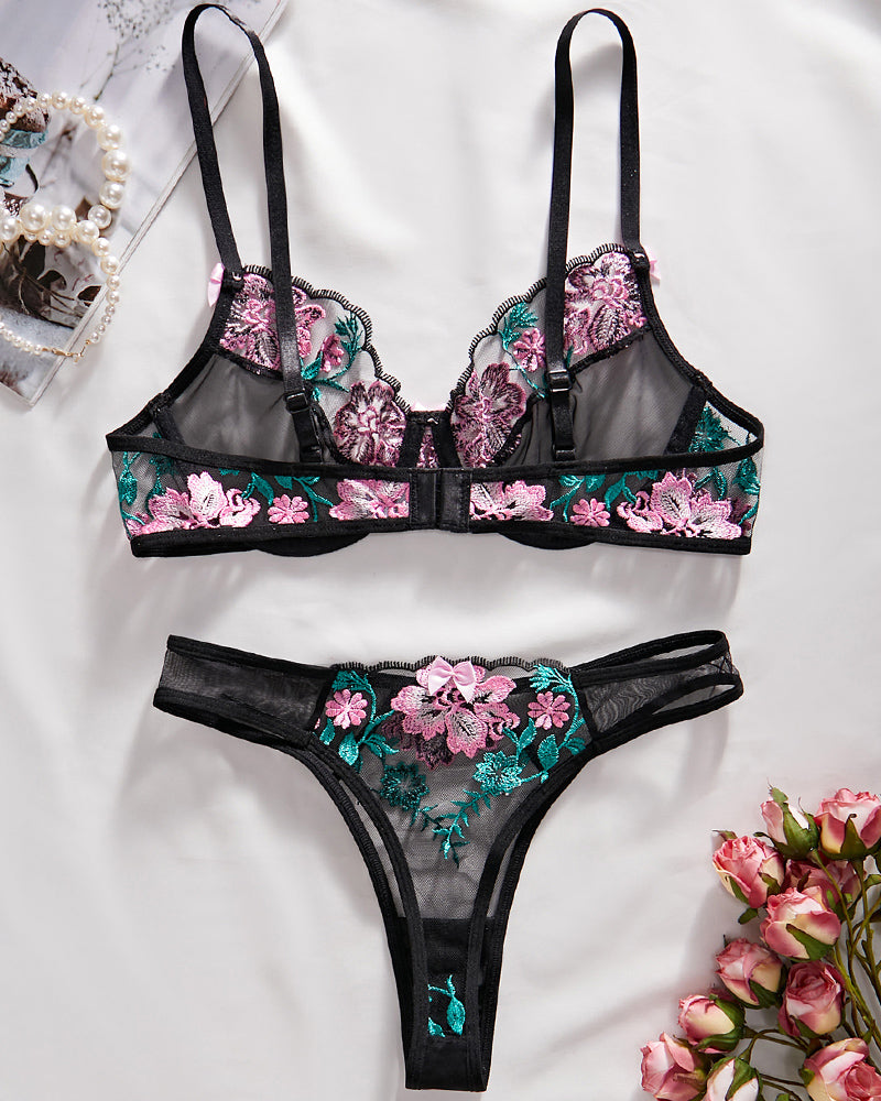 Flower Embroidery Patchwork See-through Mesh Bra Sets、mySite、bengalsvssteelers