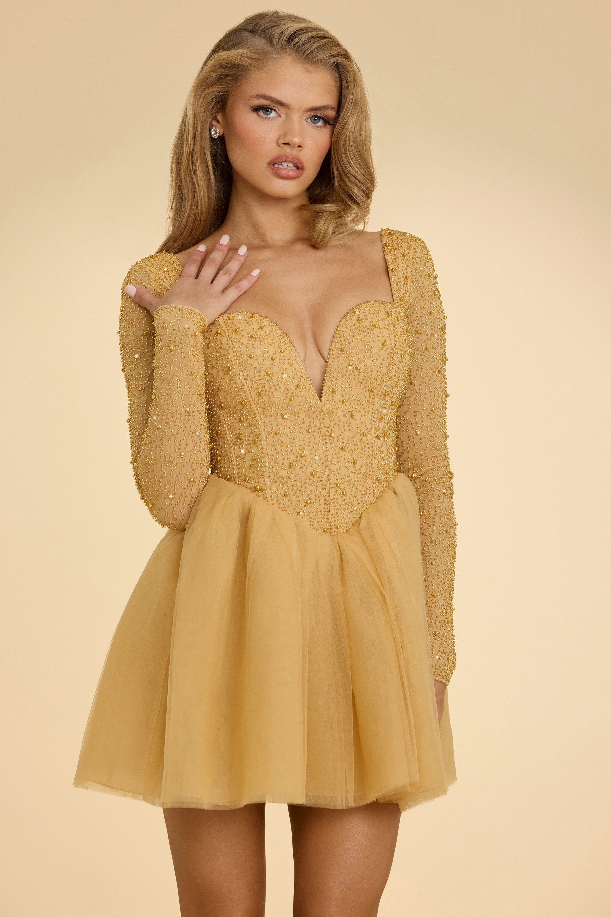Plunge Neck Tulle Mini Dress in Gold、mySite、solidvoid