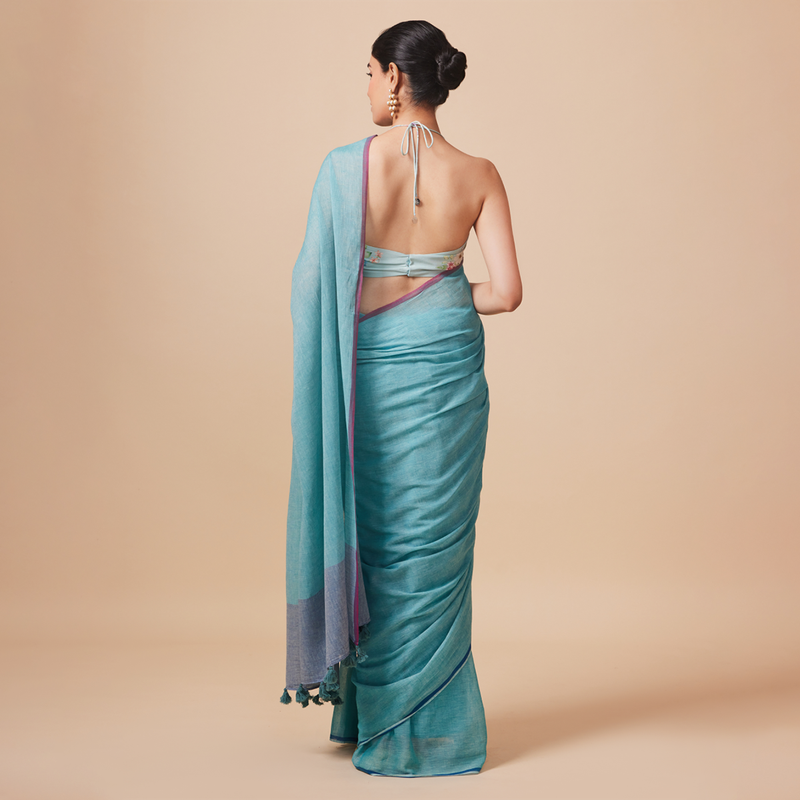 Cotton Printed Saree with Blouse | Aqua Blue、mySite、camillekostekn